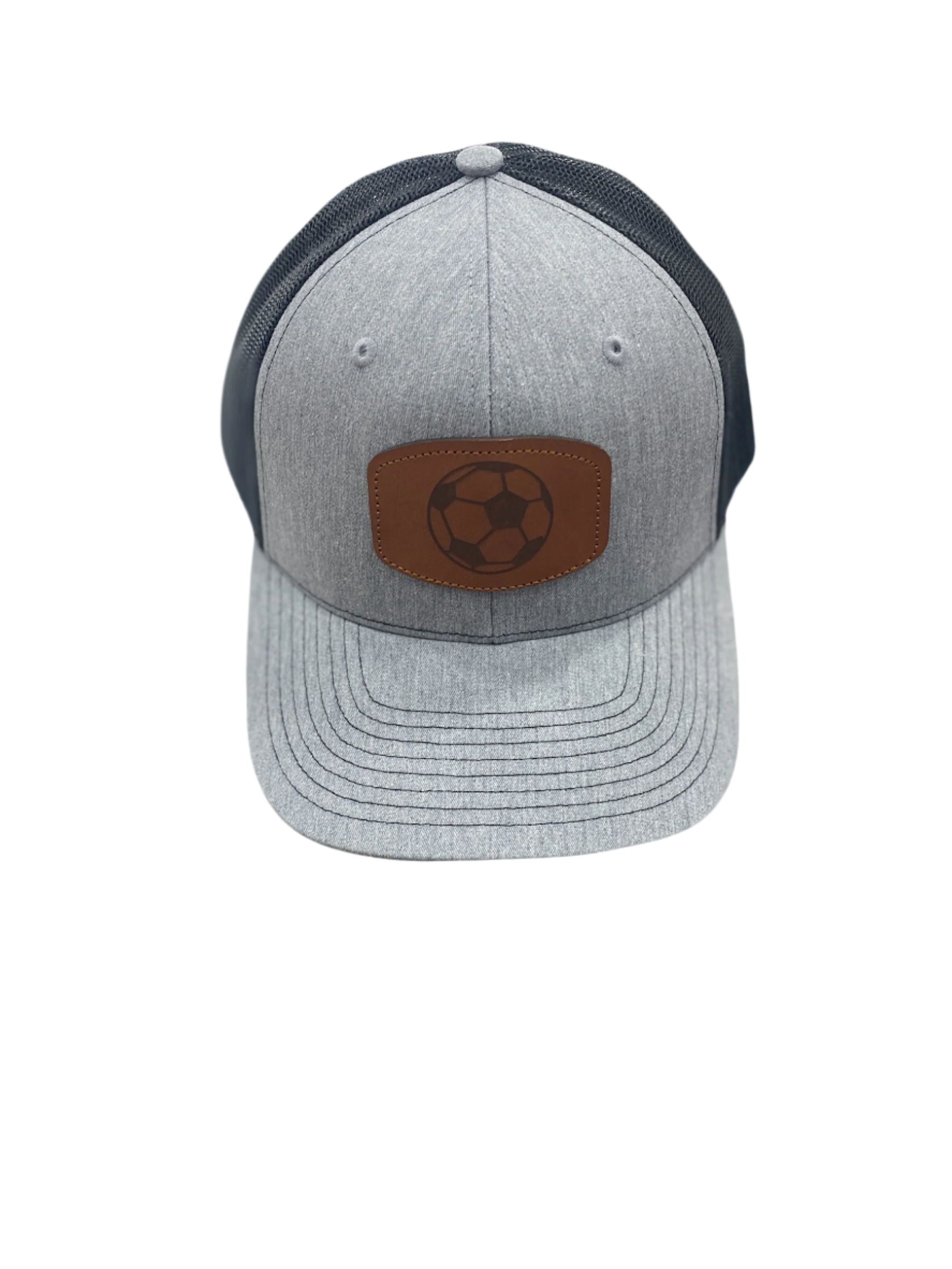 Richardson Leather Patch soccer ball trucker hat in heather gray and black mesh