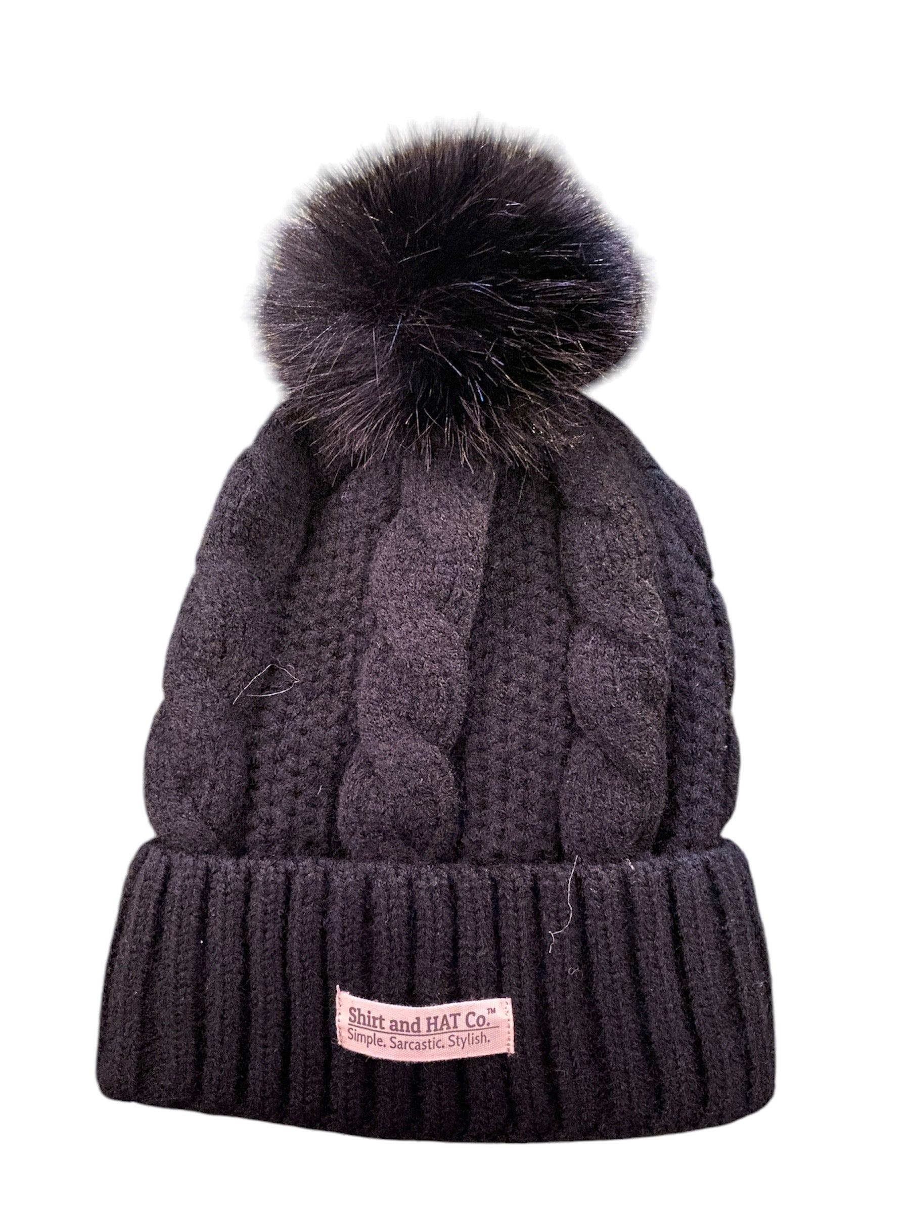 Sweater Weave Pom Pom Beanie in black