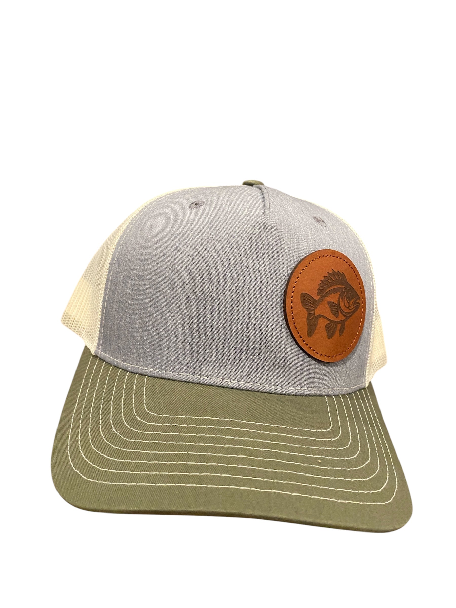 Leather Patch Crappie Trucker Hat in tricolor olive/heather gray/cream