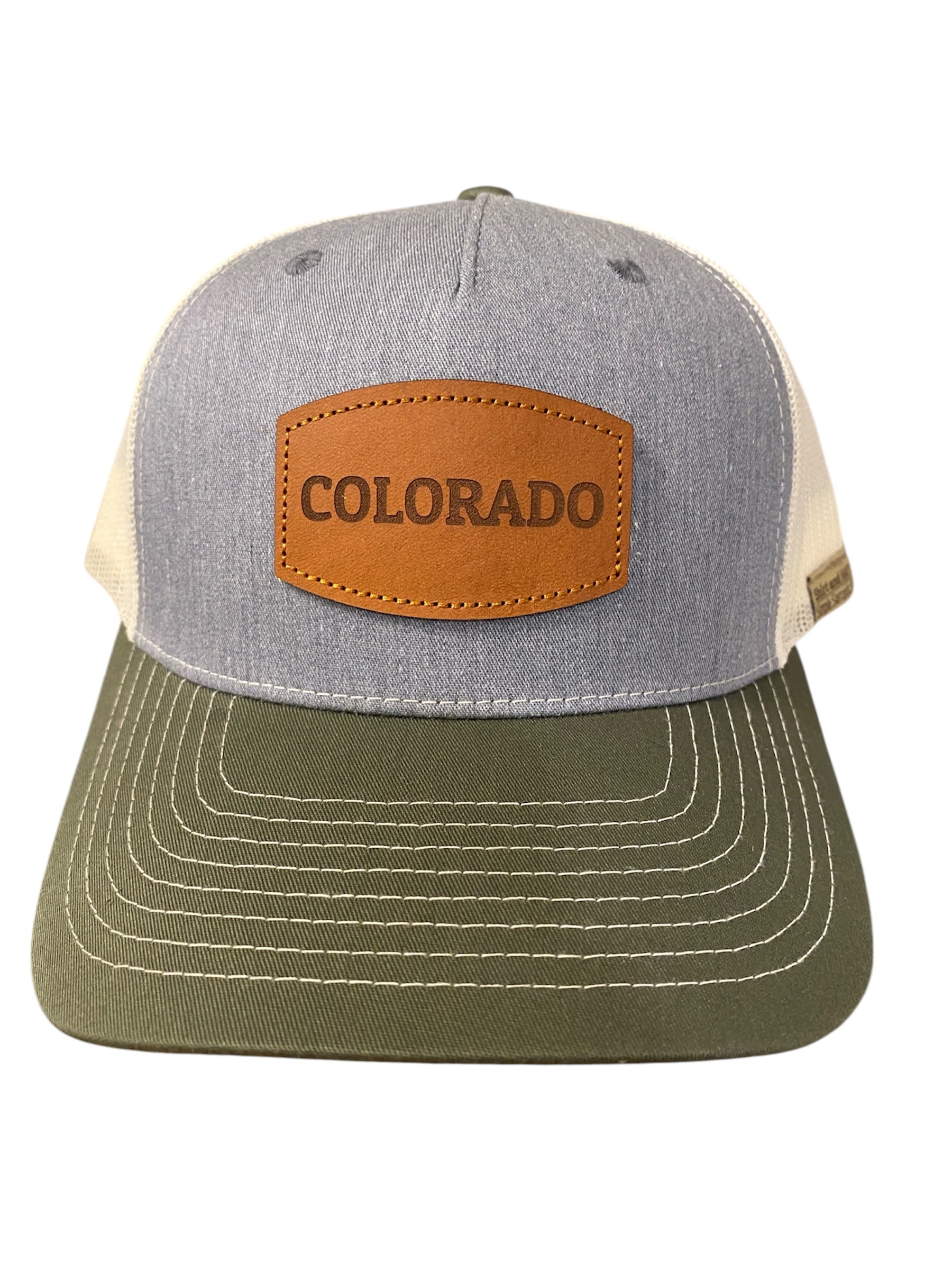 Leather patch COLORADO Trucker Hat in tricolor loden green/gray/cream