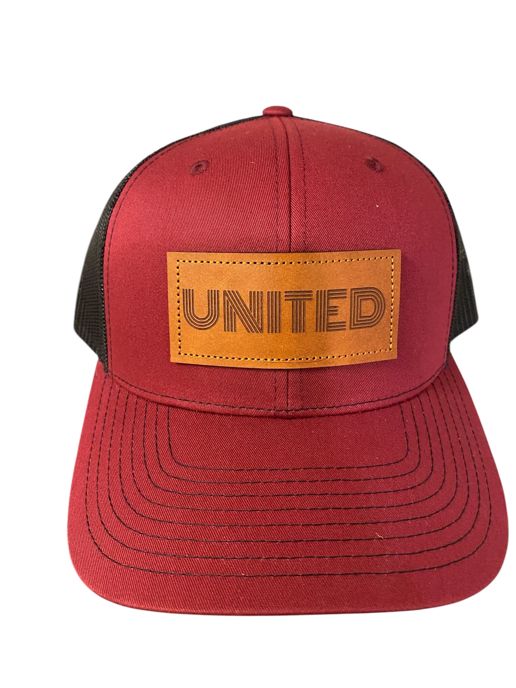 Leather Patch UNITED Trucker Hat in dark red/black