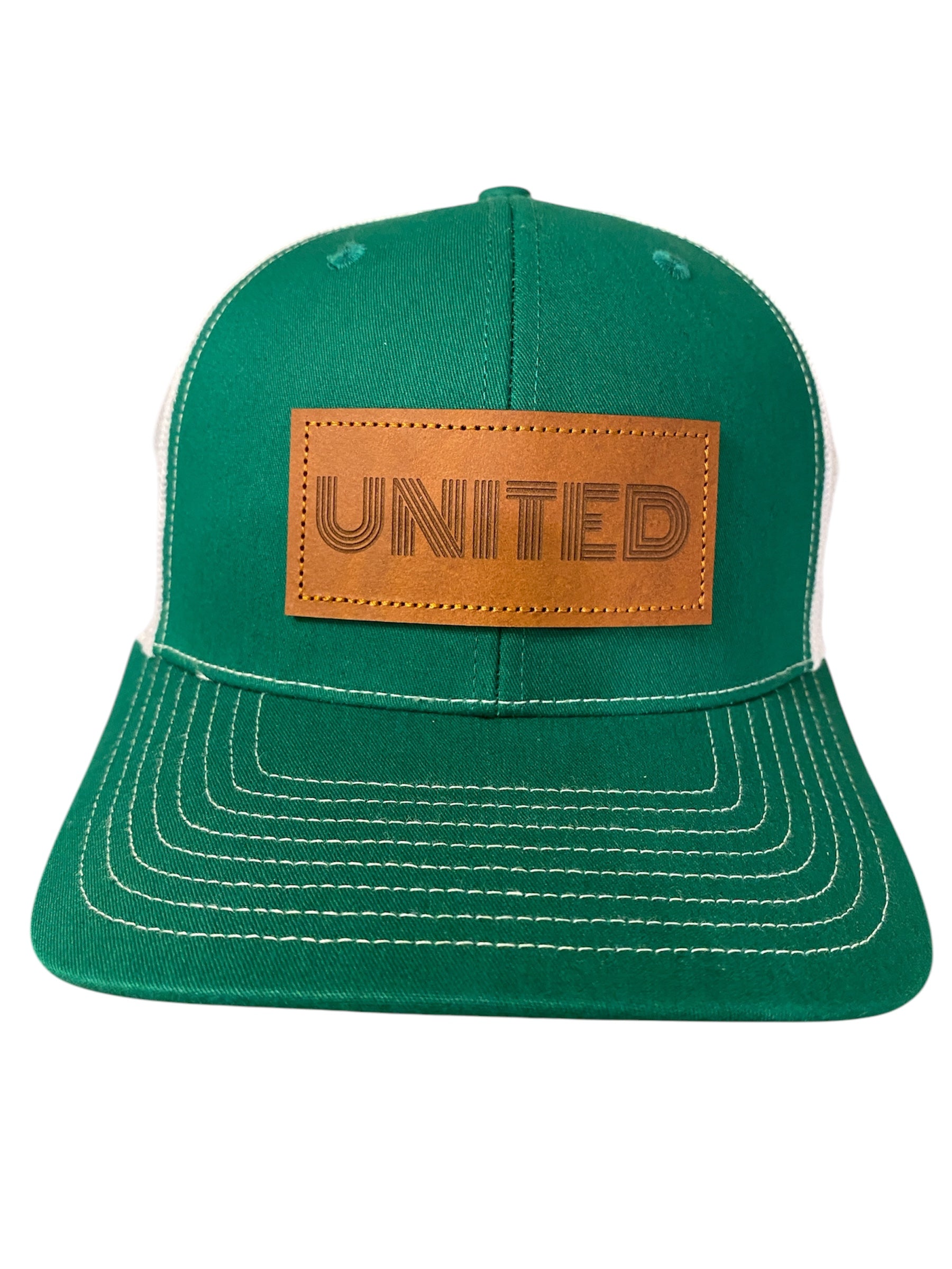 Leather Patch UNITED Trucker Hat in green/white