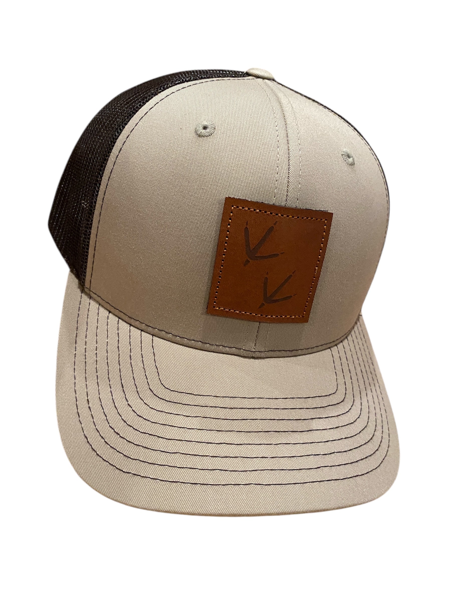 Leather Patch Turkey Tracks Trucker Hat in khaki/dark brown