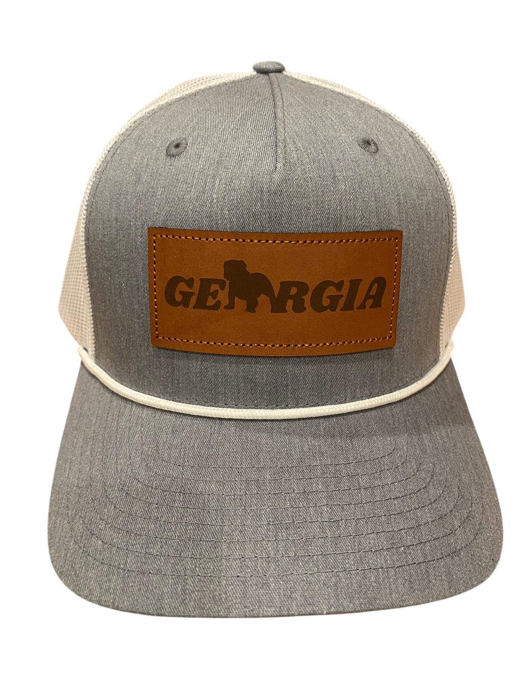 Heather Gray/White Mesh GABulldog Leather Patch Five Panel cap with White Rope