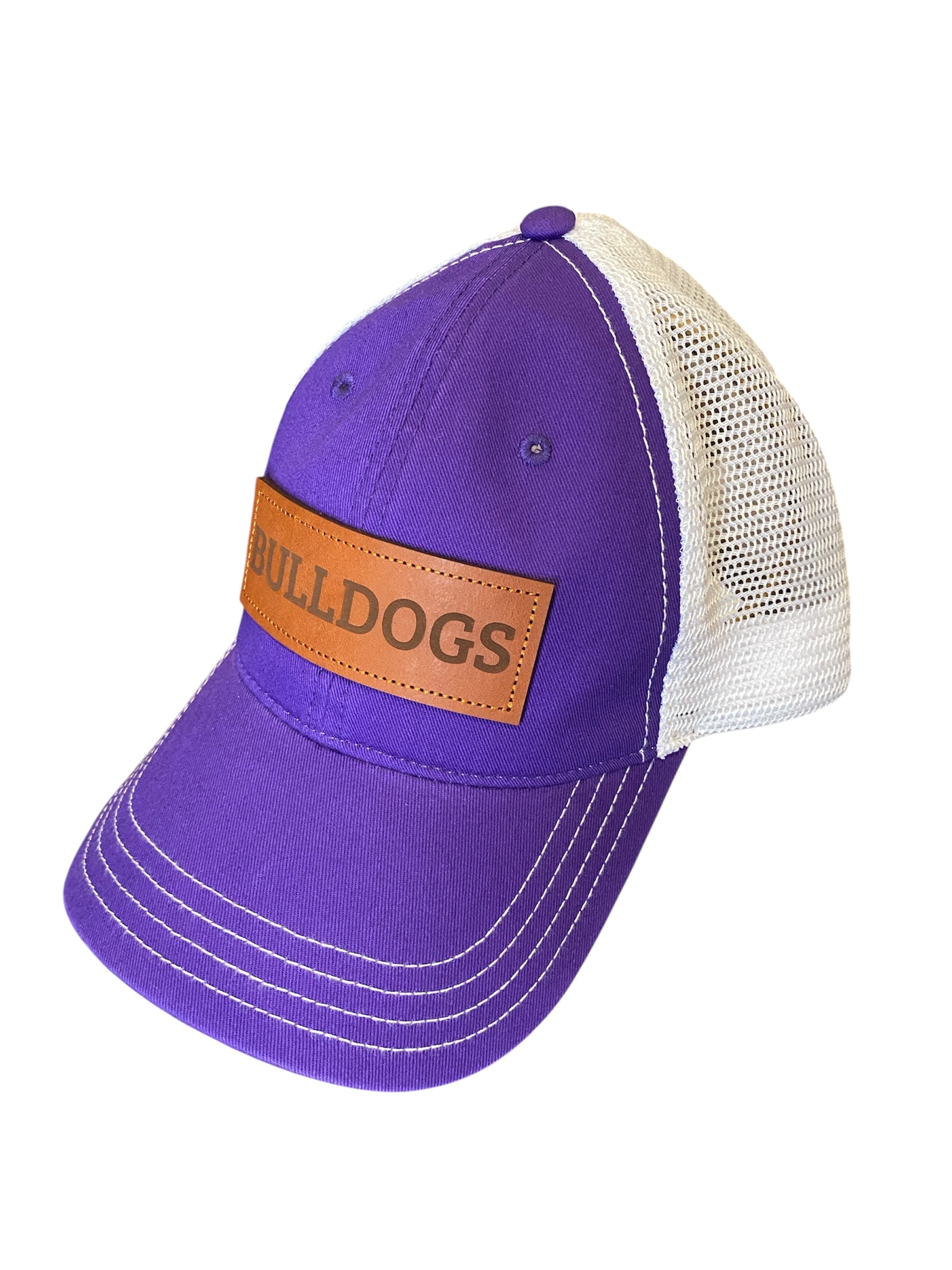 Unstructured Leather Patch BULLDOGS trucker hat in purple and white mesh