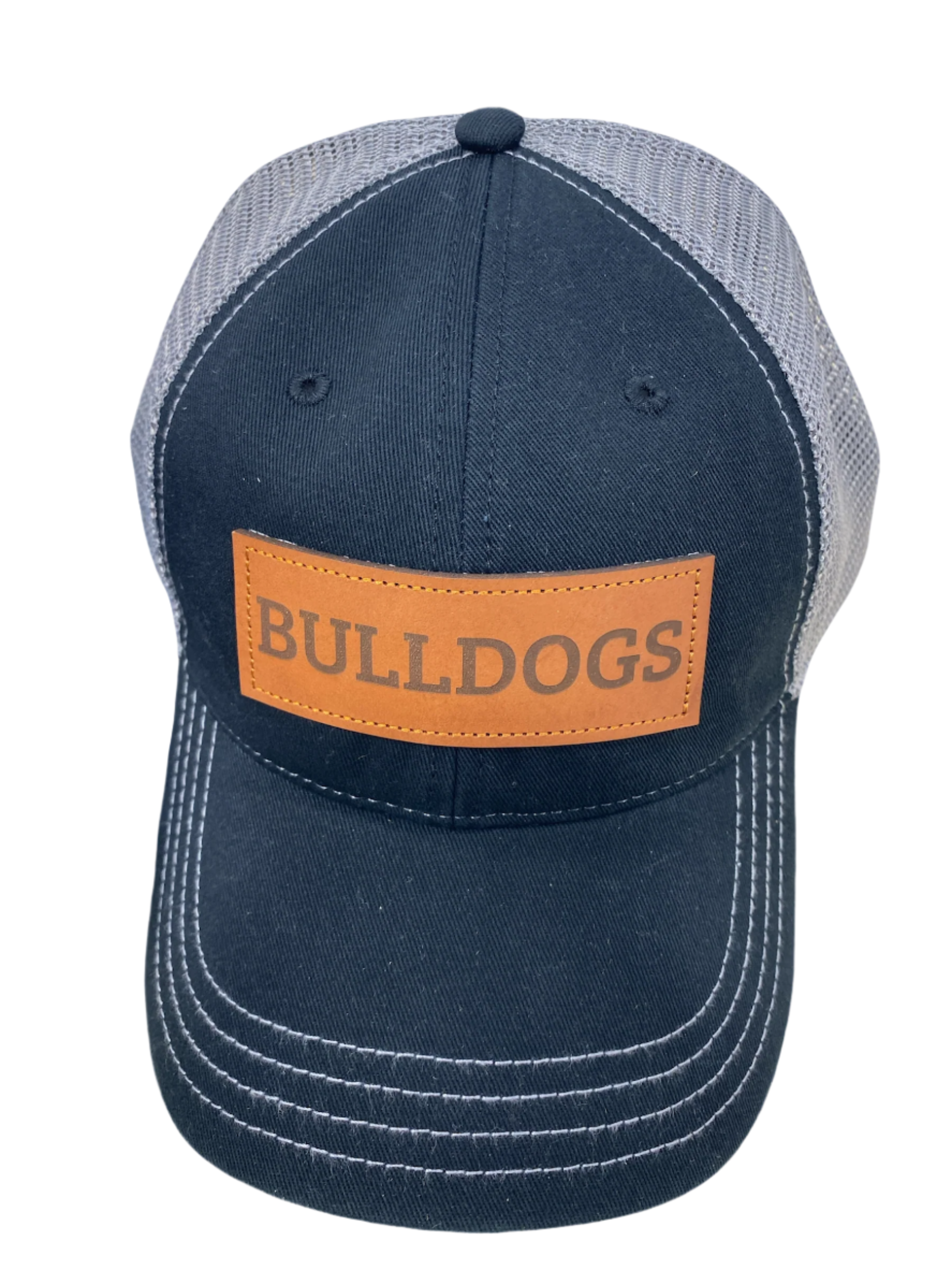 Unstructured leather patch trucker hat with 'BULLDOGS' text on it, primarily in black and gray colors.