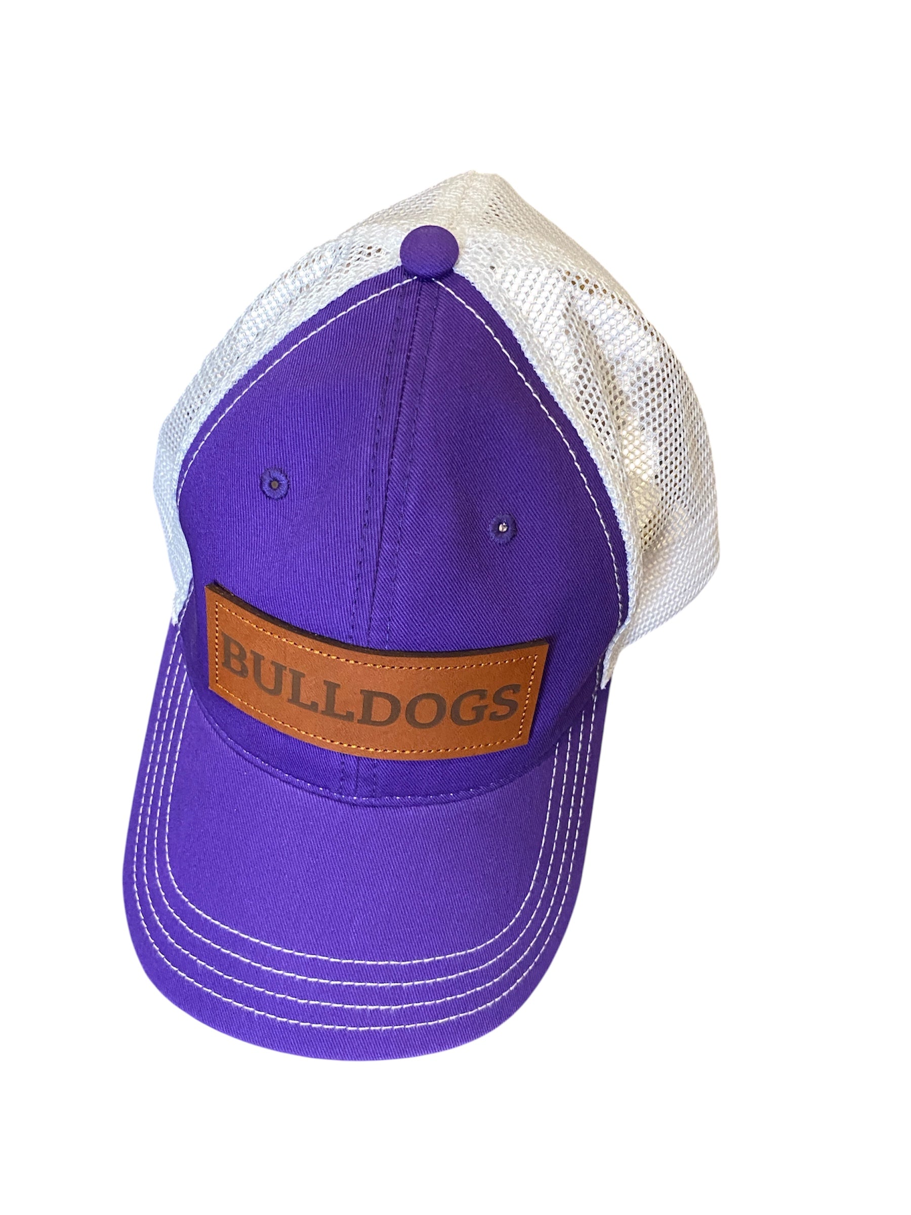 Unstructured Leather Patch BULLDOGS trucker hat in purple and white mesh