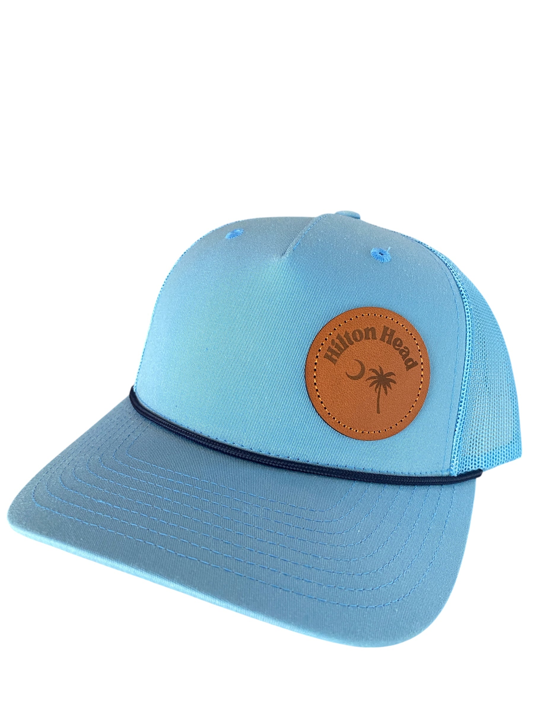 Leather Patch askew Hilton Head Cap in Carolina blue with navy rope