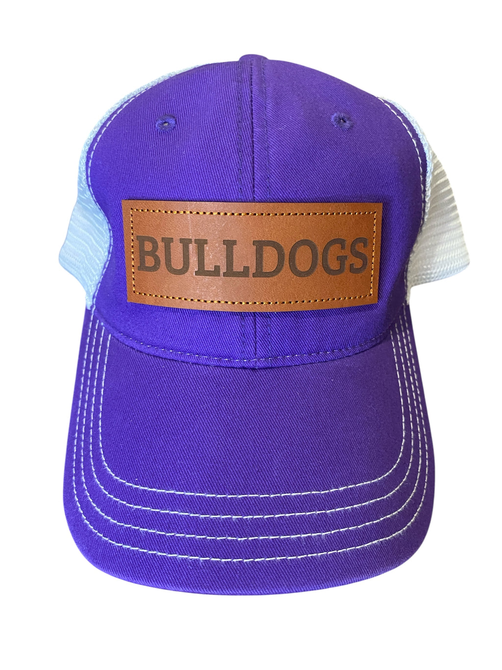 Unstructured Leather Patch BULLDOGS trucker hat in purple and white mesh