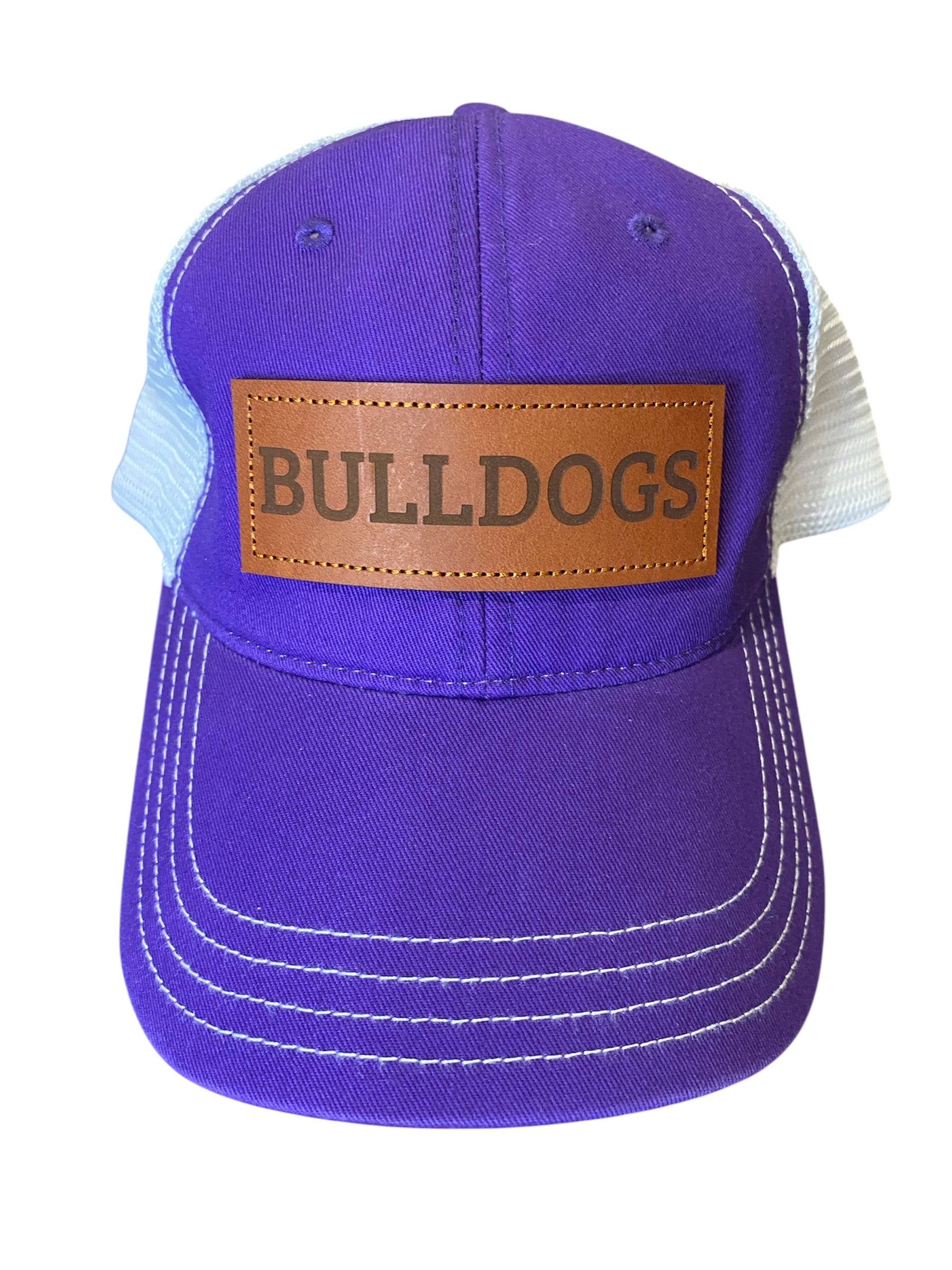 Unstructured Leather Patch BULLDOGS trucker hat in purple and white mesh