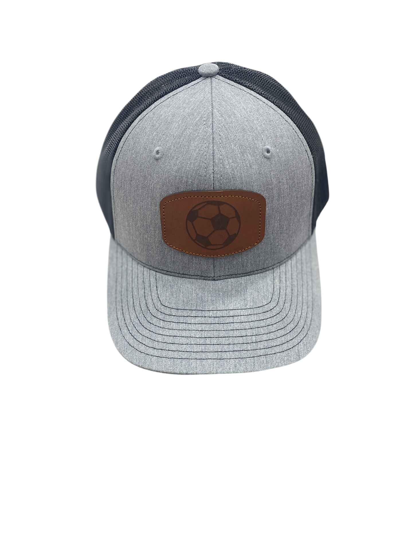 Richardson Leather Patch soccer ball trucker hat in heather gray and black mesh