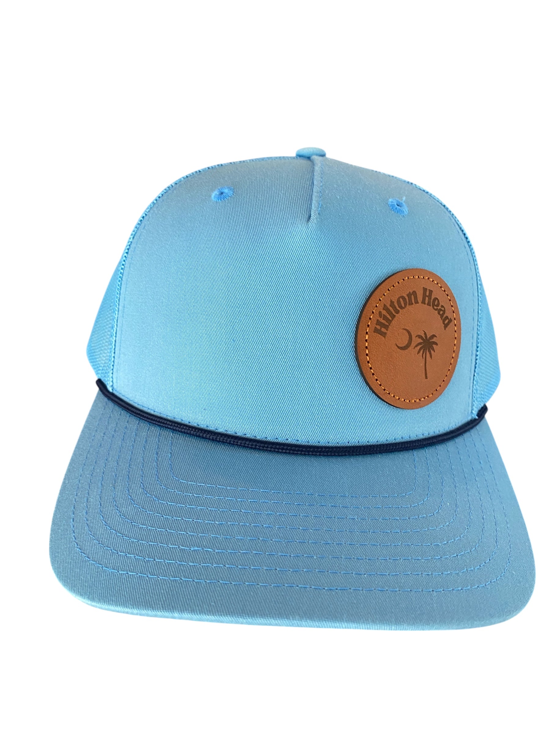Leather Patch askew Hilton Head Cap in Carolina blue with navy rope