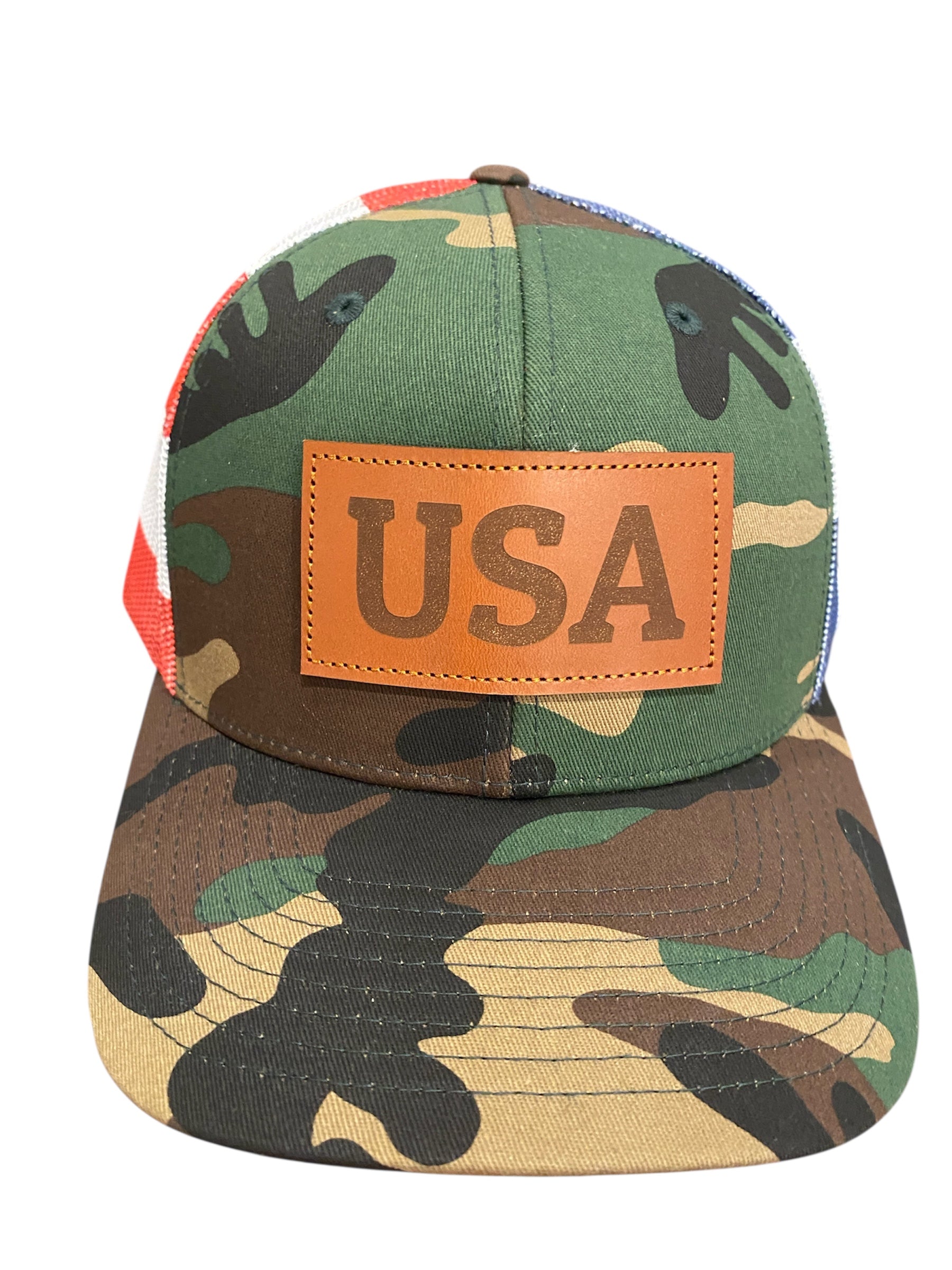 Leather patch camo USA trucker hat with flag mesh
