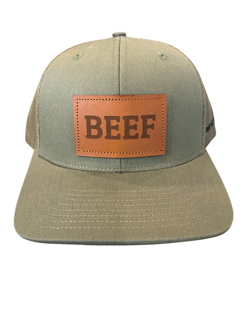 Leather Patch BEEF Trucker Hat in loden green
