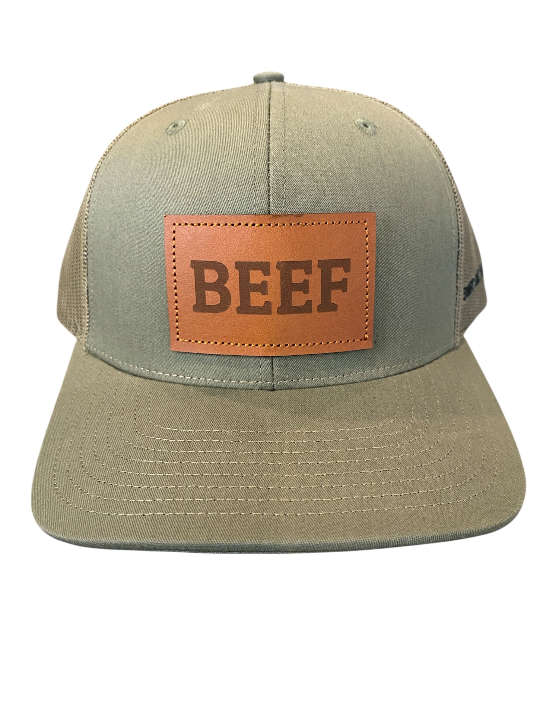 Leather Patch BEEF Trucker Hat in loden green