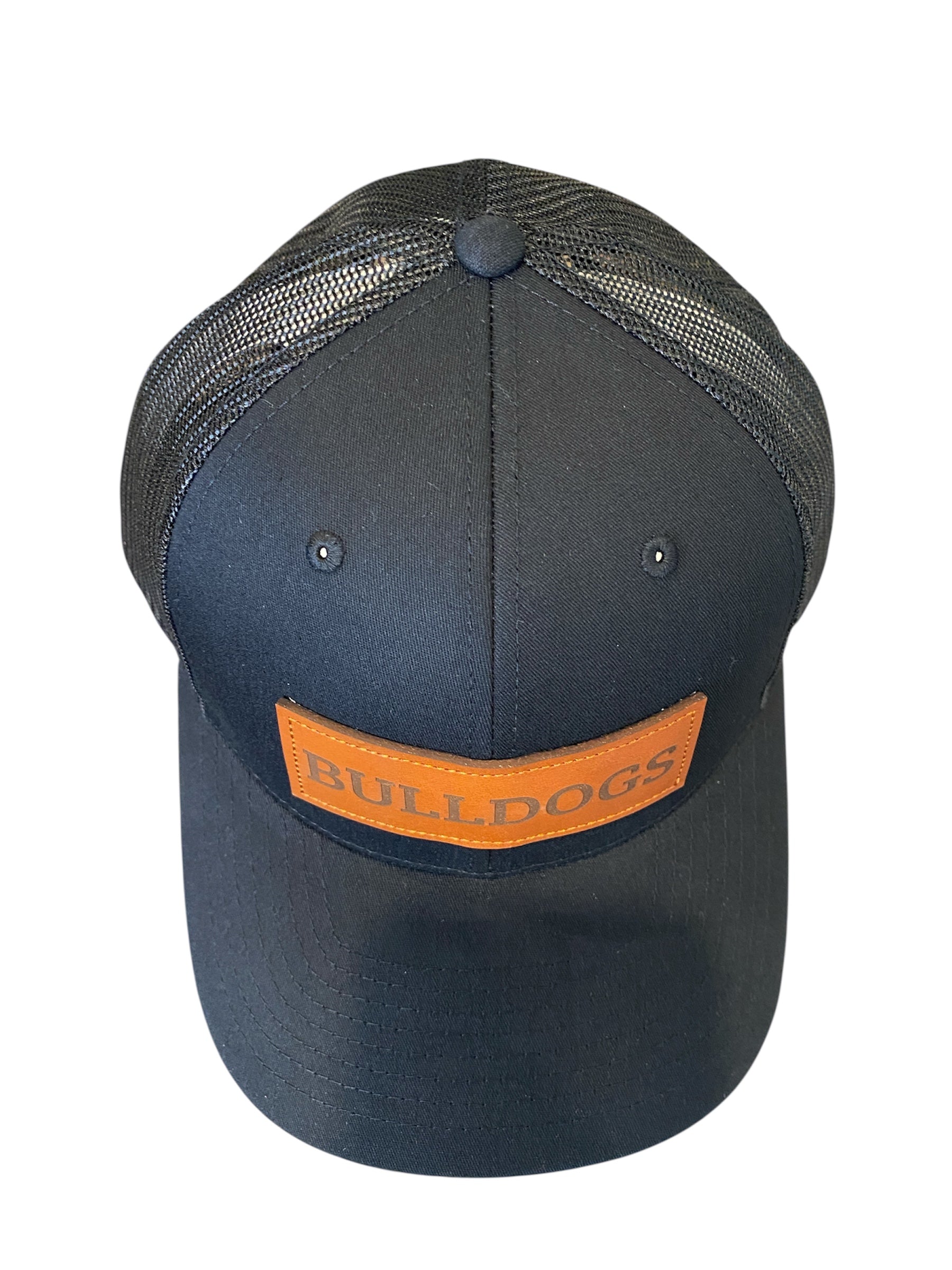 All black Leather patch BULLDOGS trucker hat