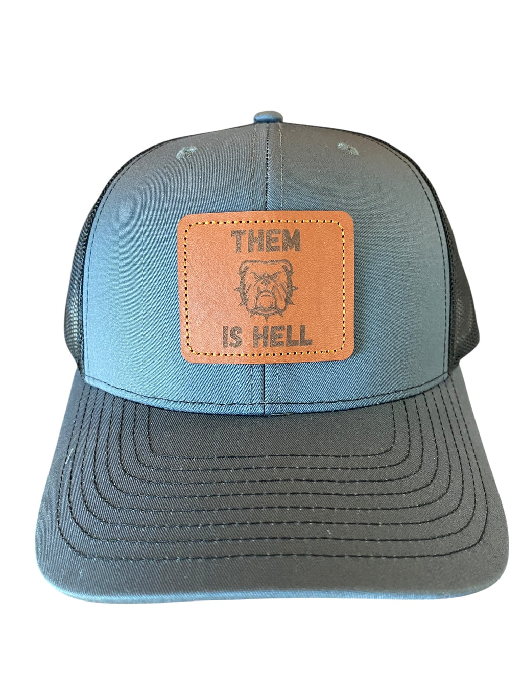 Leather patch Them Is Hell Trucker Hat in charcoal/black