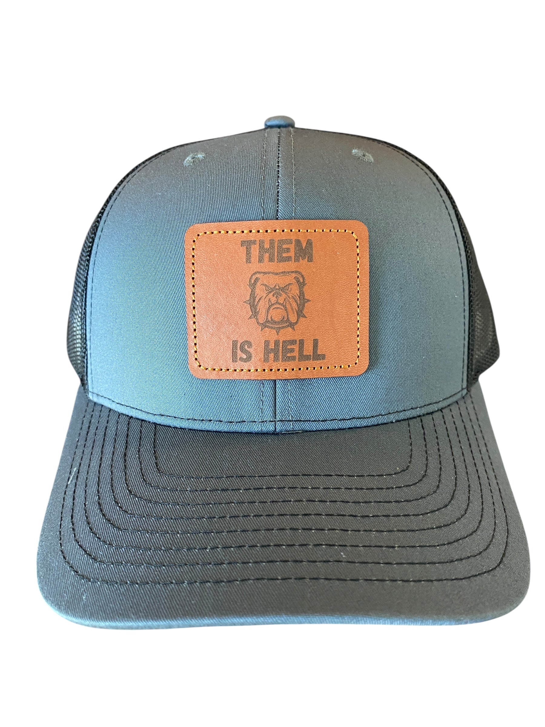Leather patch Them Is Hell Trucker Hat in charcoal/black