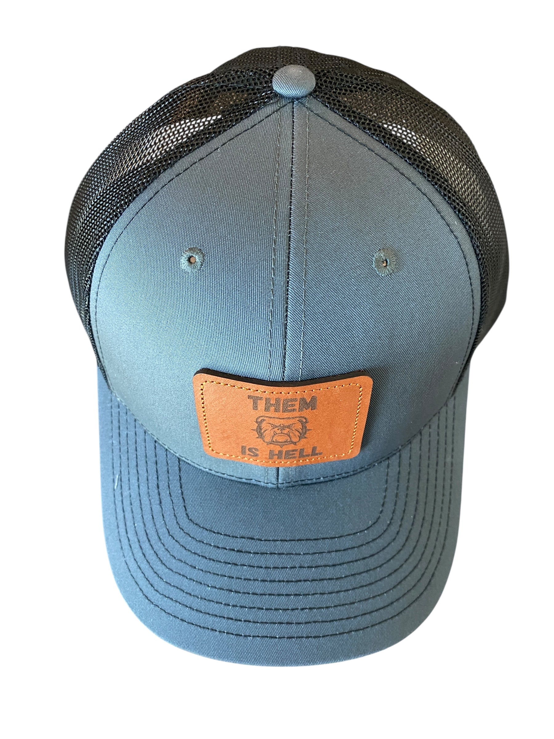 Leather patch Them Is Hell Trucker Hat in charcoal/black
