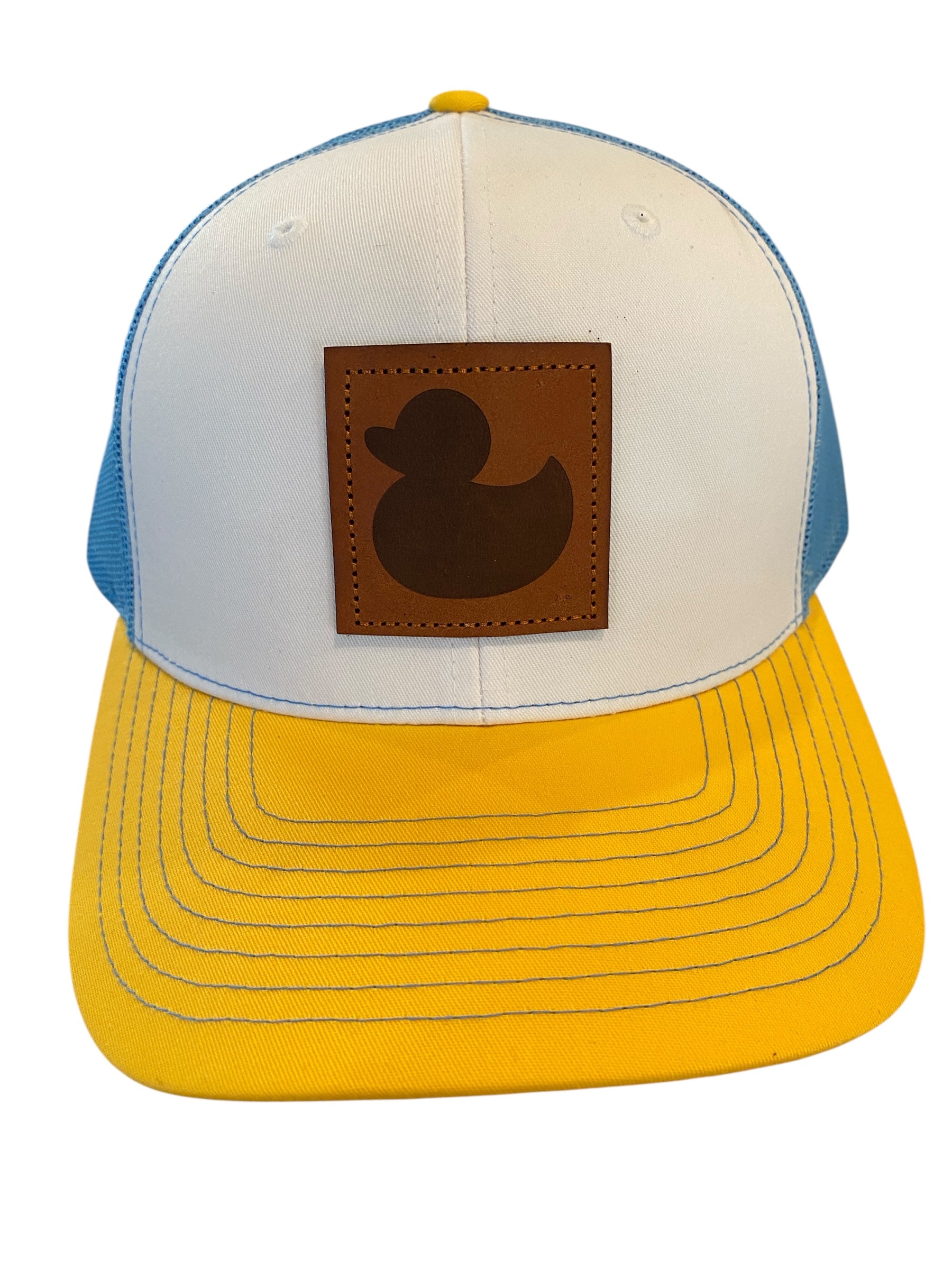 Leather patch Rubber Ducky hat in yellow/white/blue mesh