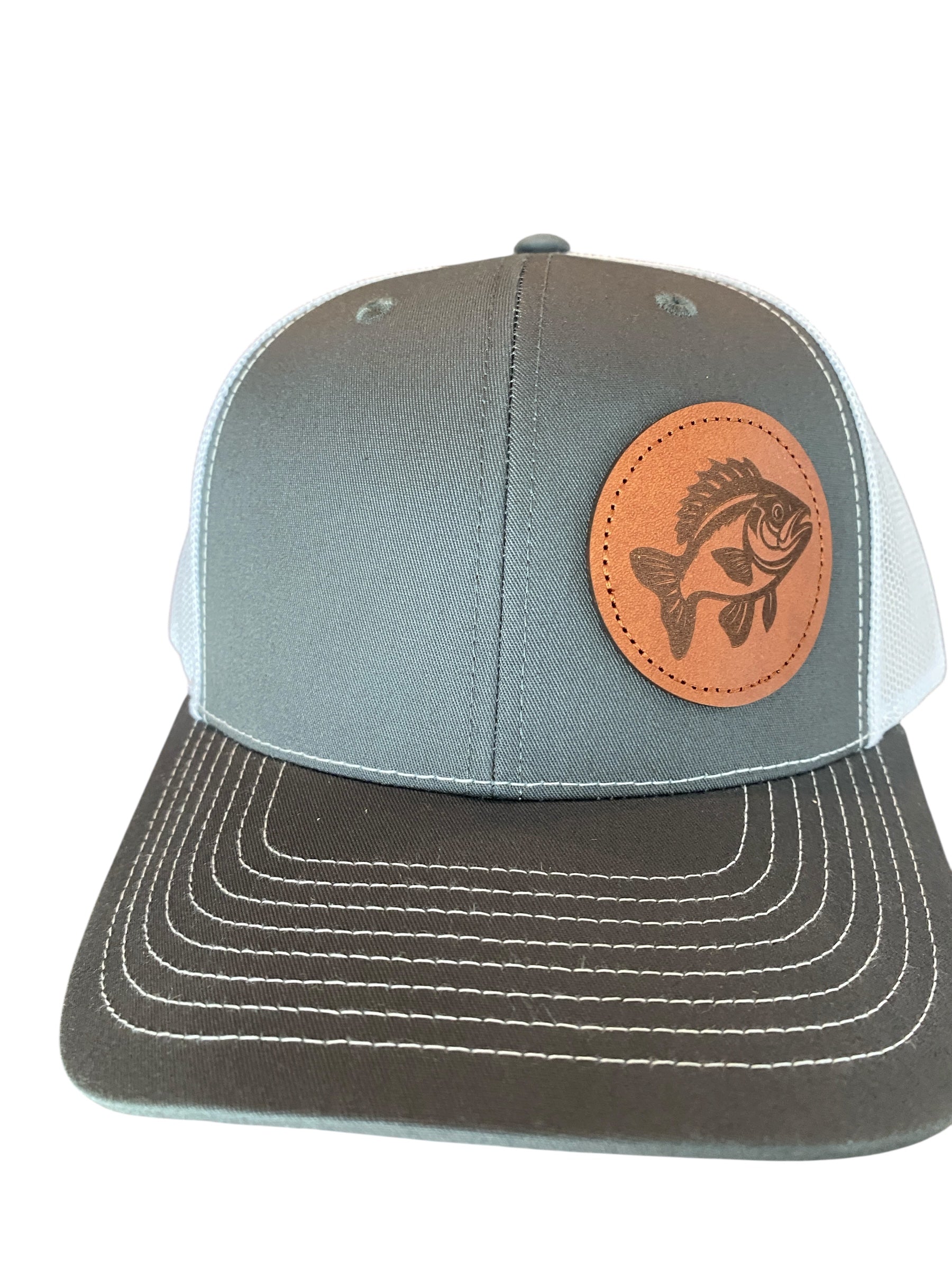 Leather patch Crappie Trucker Hat in charcoal/white