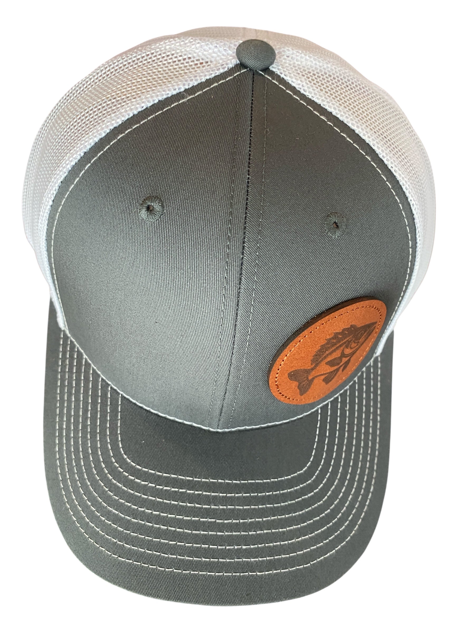 Leather patch Crappie Trucker Hat in charcoal/white