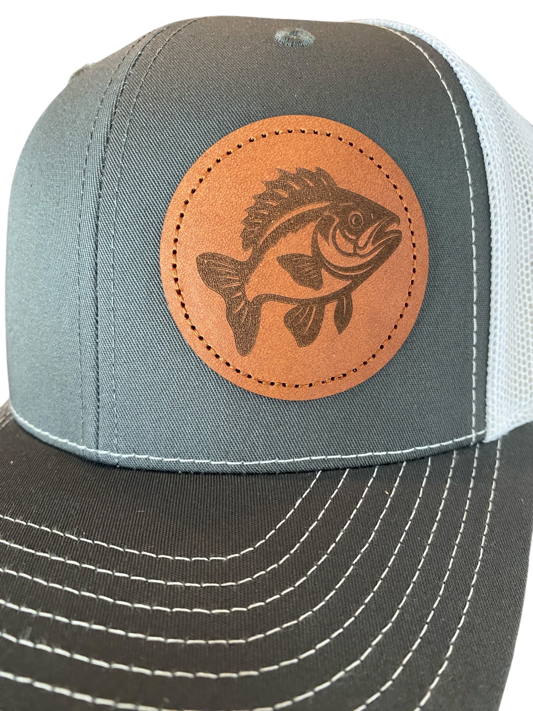 Leather patch Crappie Trucker Hat in charcoal/white
