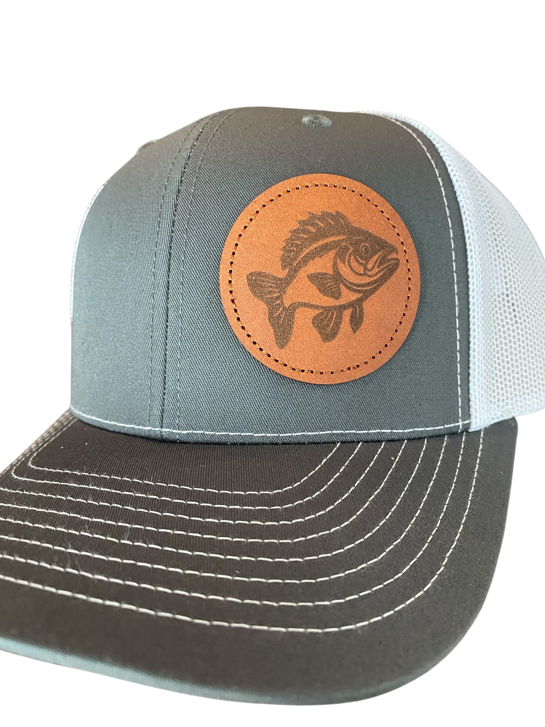 Leather patch Crappie Trucker Hat in charcoal/white