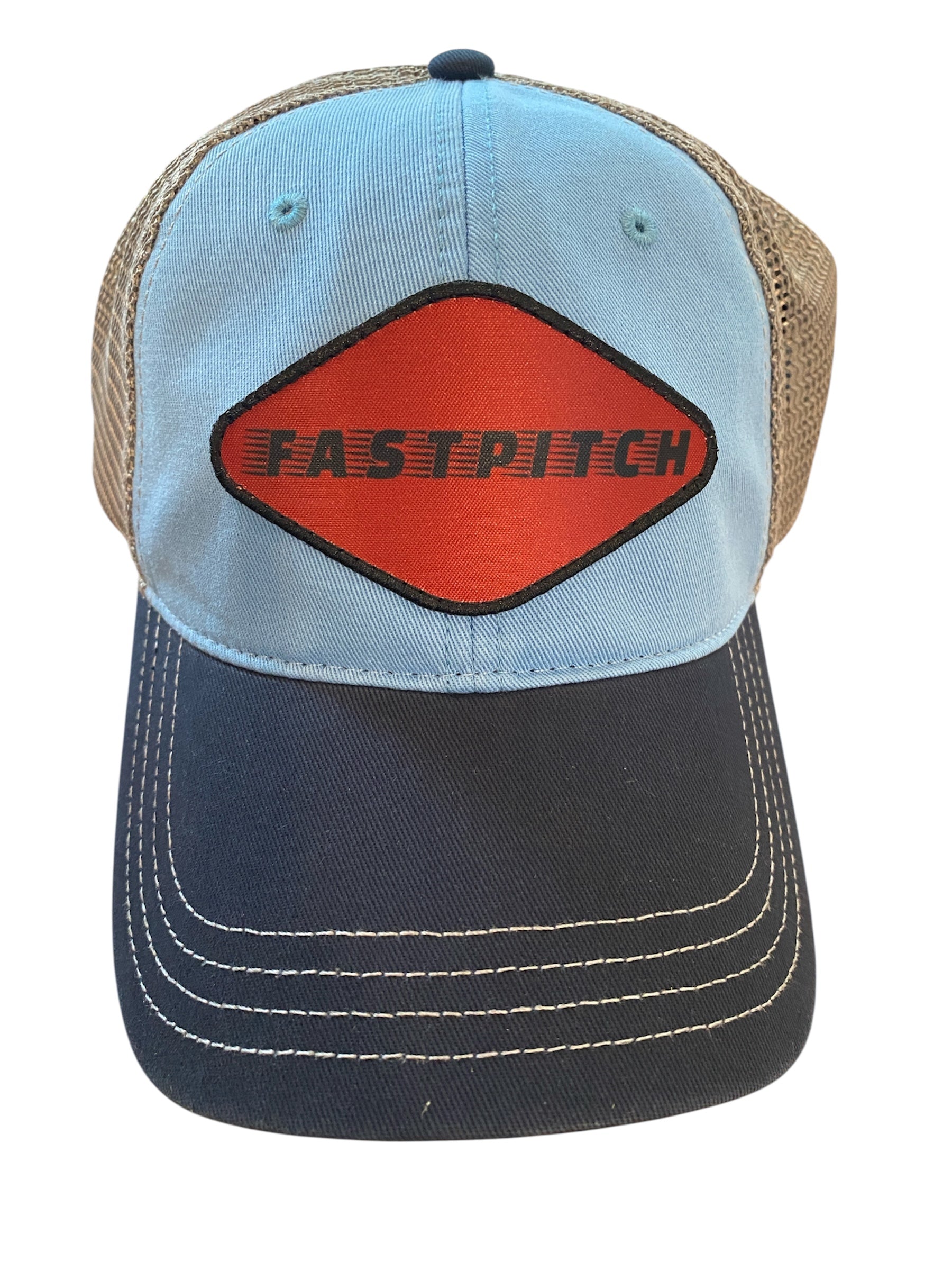 Unstructured FASTPITCH Trucker Hat in tricolor navy/light blue/gray mesh