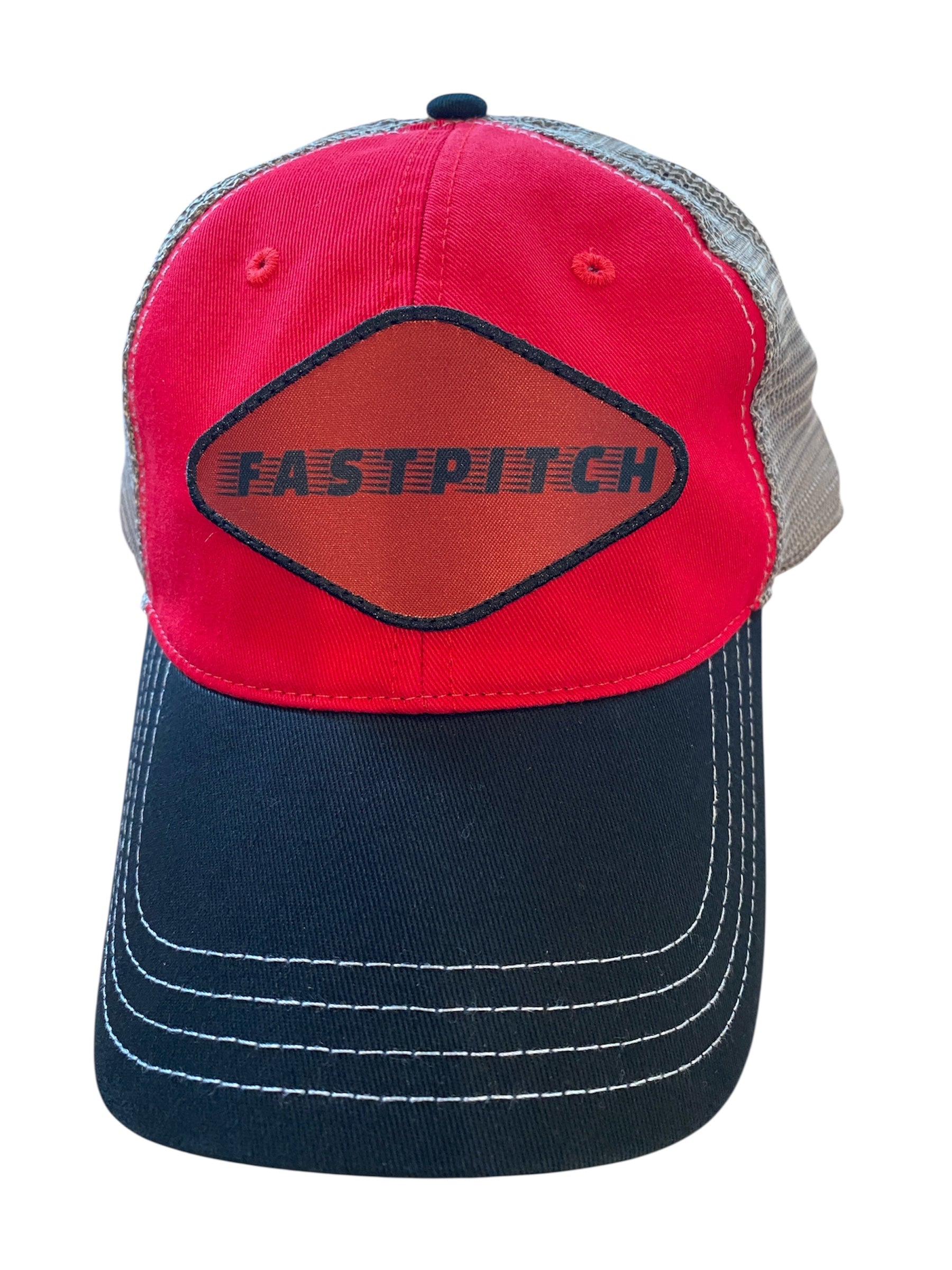 Unstructured FASTPITCH Trucker Hat in tricolor black/red/gray mesh