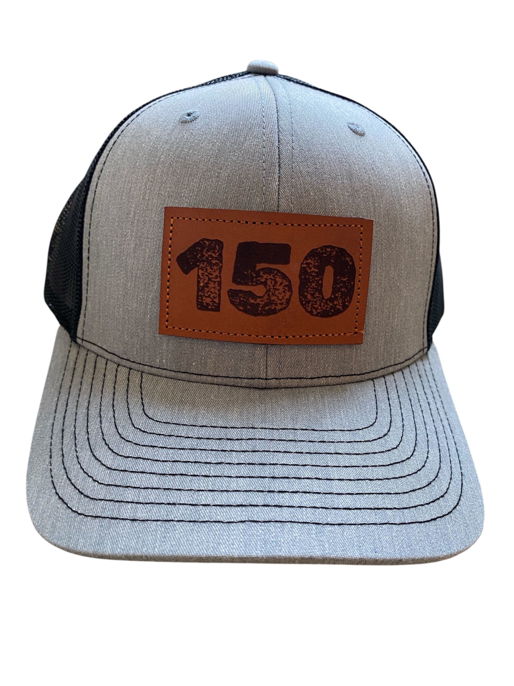 Richardson Leather Patch 150 trucker hat in heather gray and black mesh
