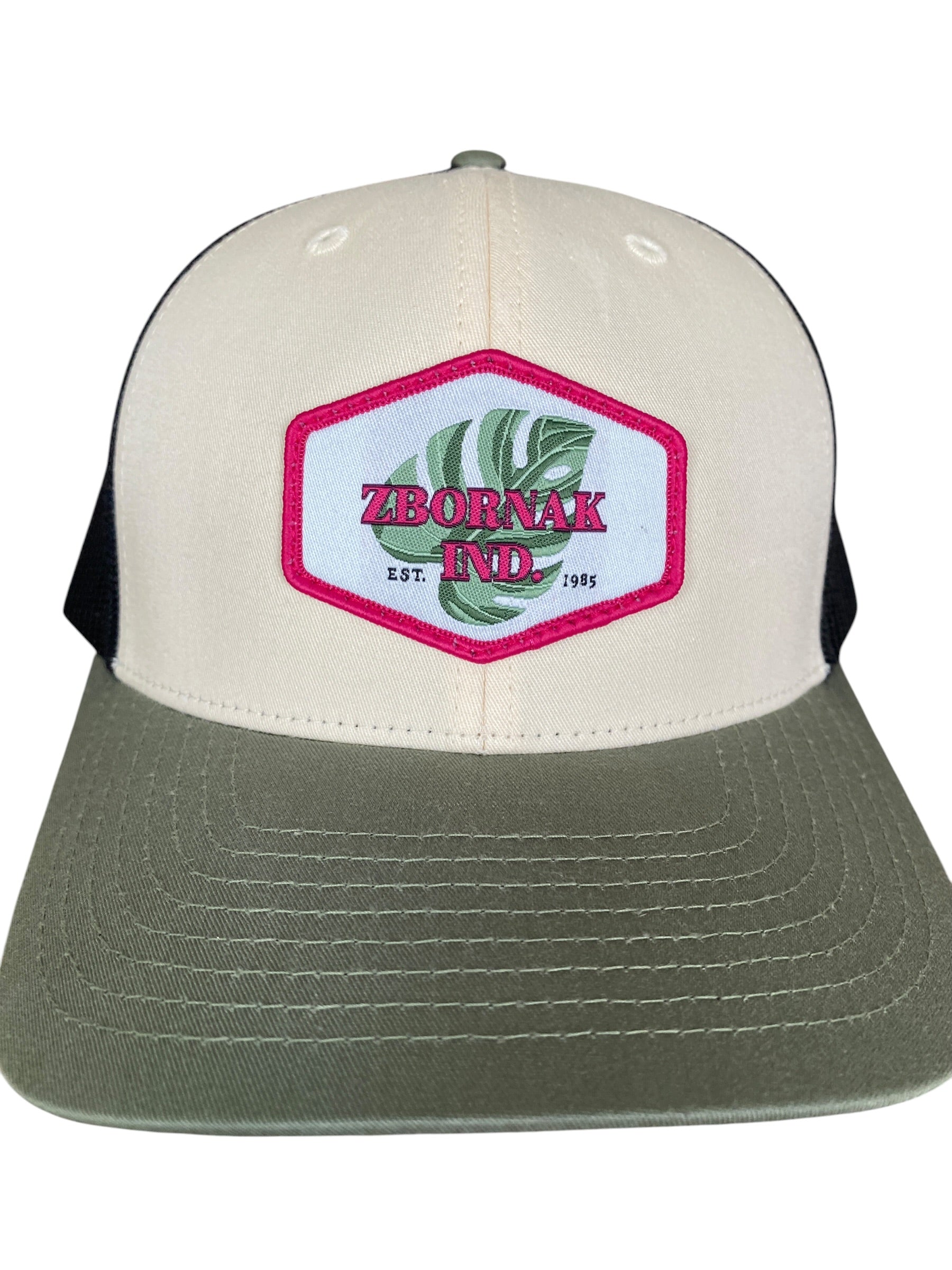 Woven Patch Zbornak Ind. cap in tri color: olive, cream, and black