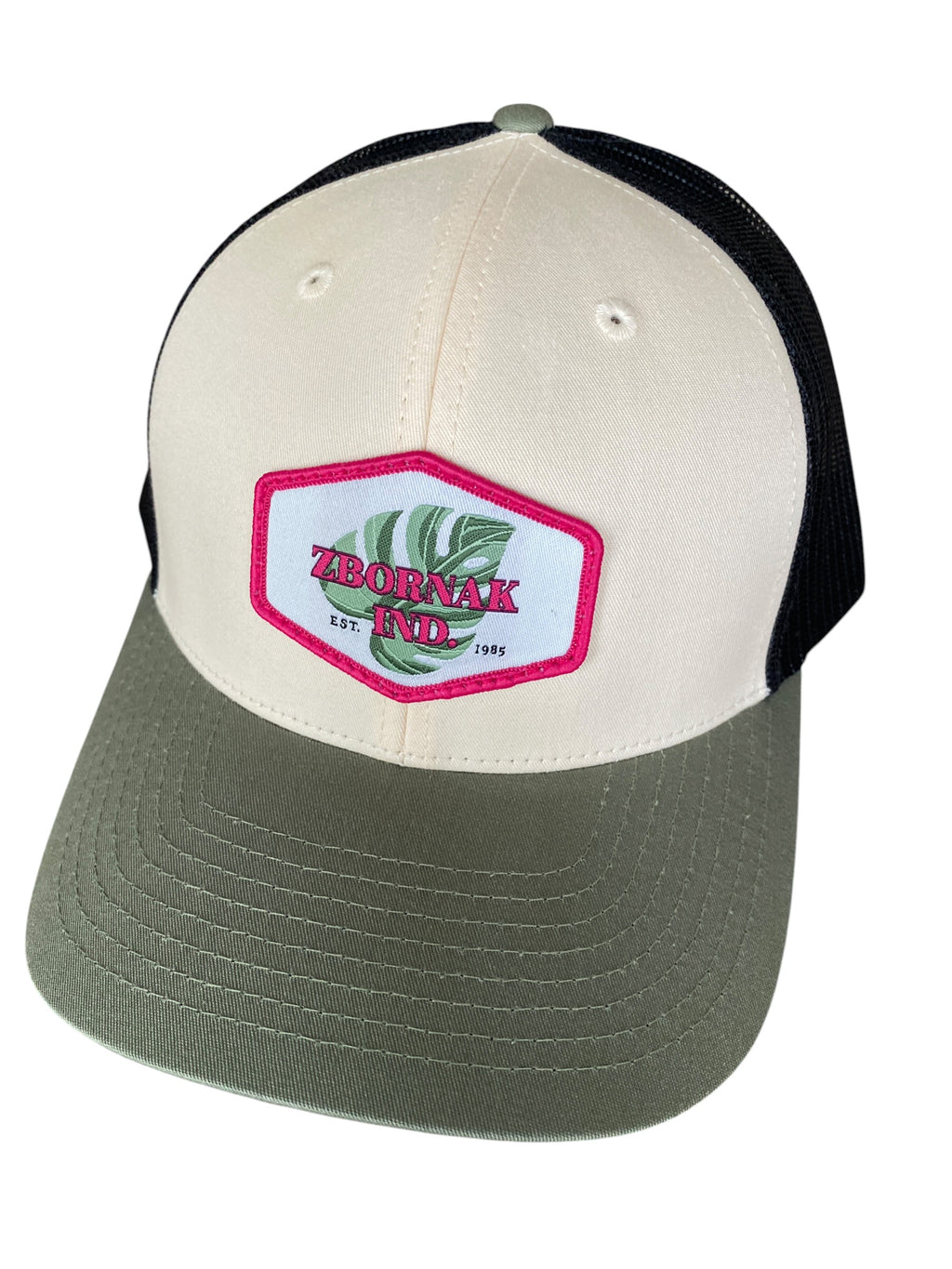 Woven Patch Zbornak Ind. cap in tri color: olive, cream, and black