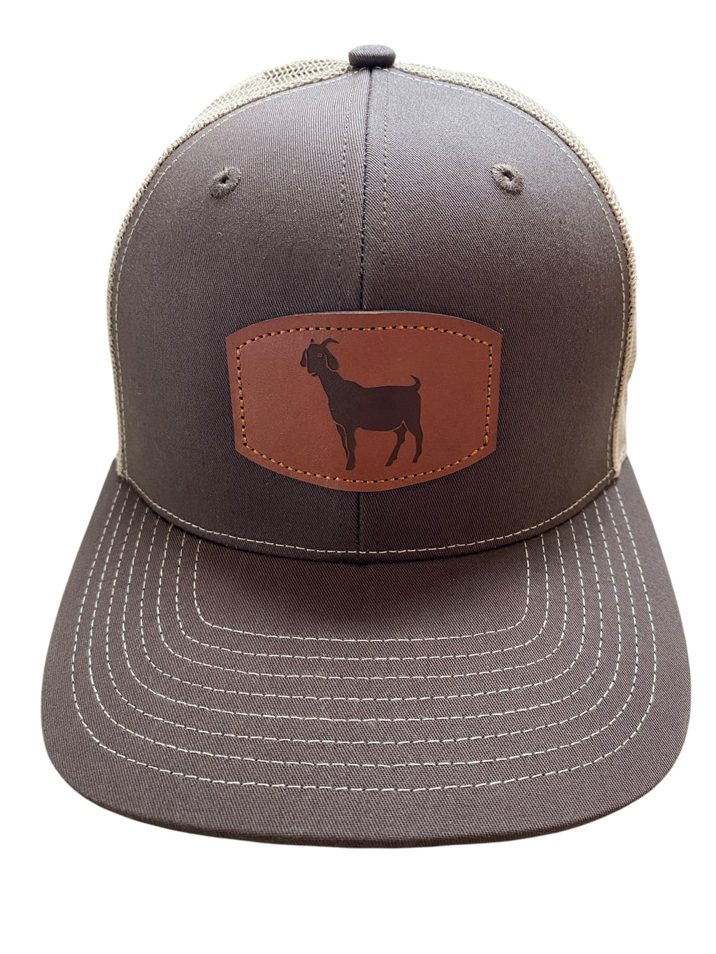 Richardson Leather Patch goat trucker hat in brown/tan