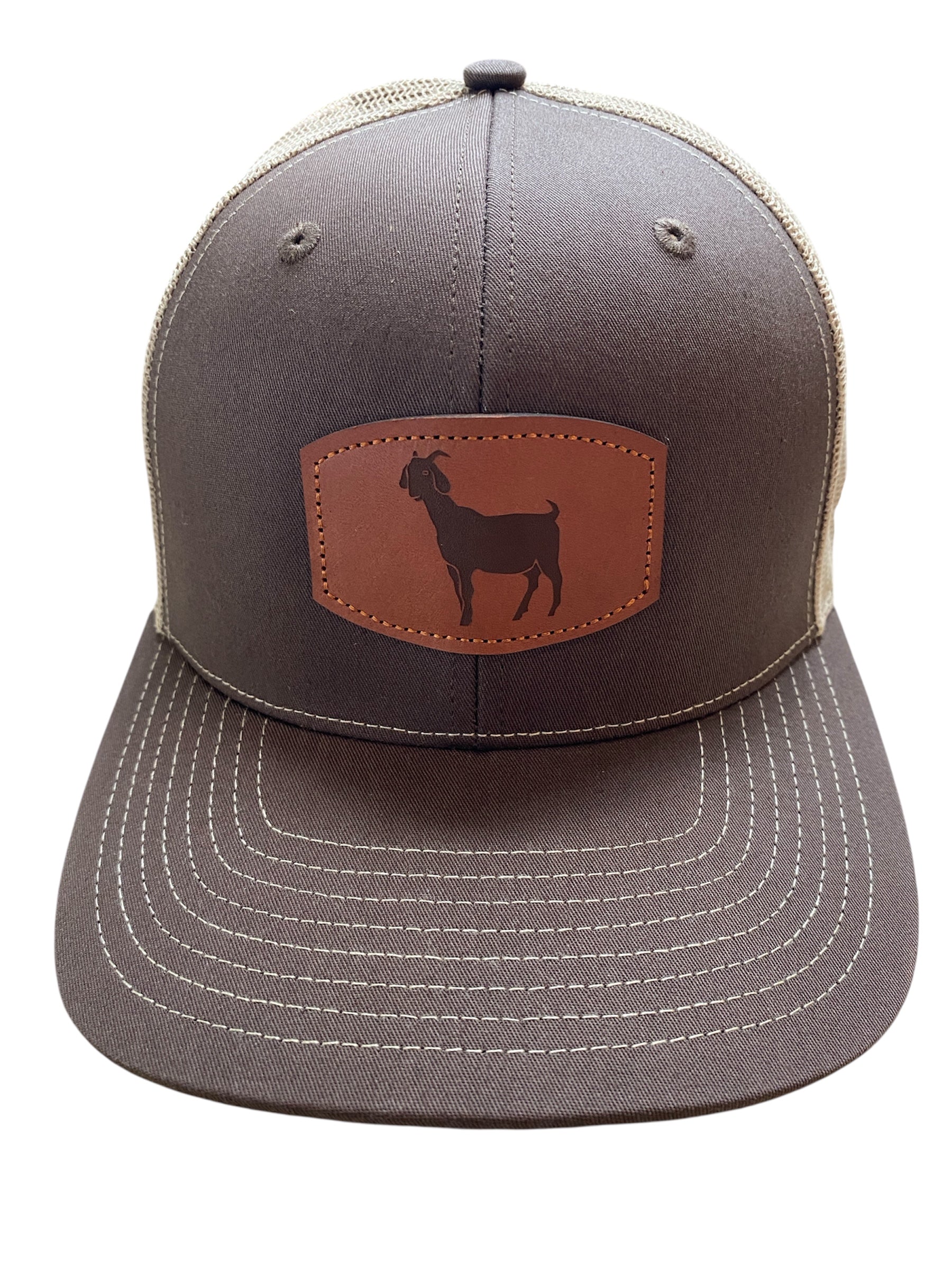 Richardson Leather Patch goat trucker hat in brown/tan