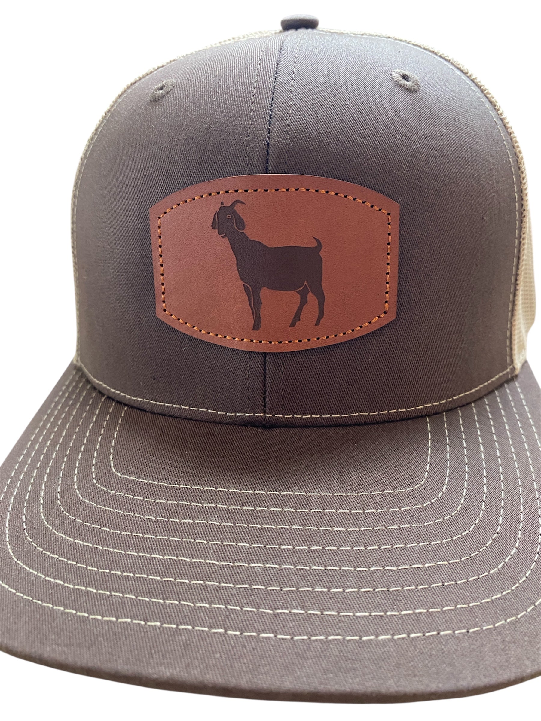 Richardson Leather Patch goat trucker hat in brown/tan