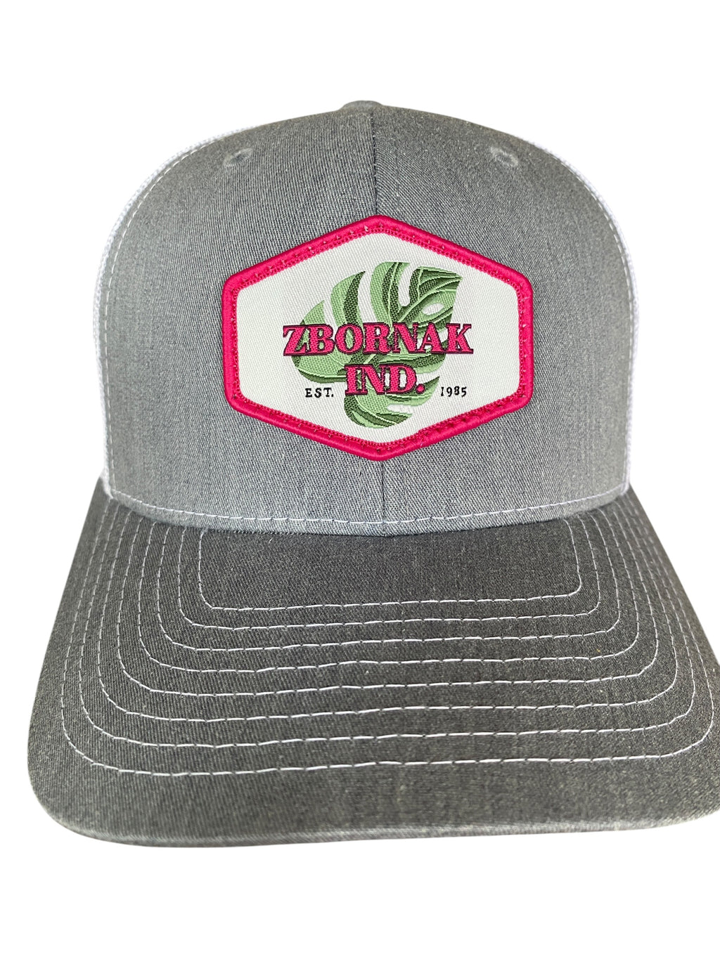 Woven Patch Zbornak Ind. Trucker Hat in heather gray and white Adult small