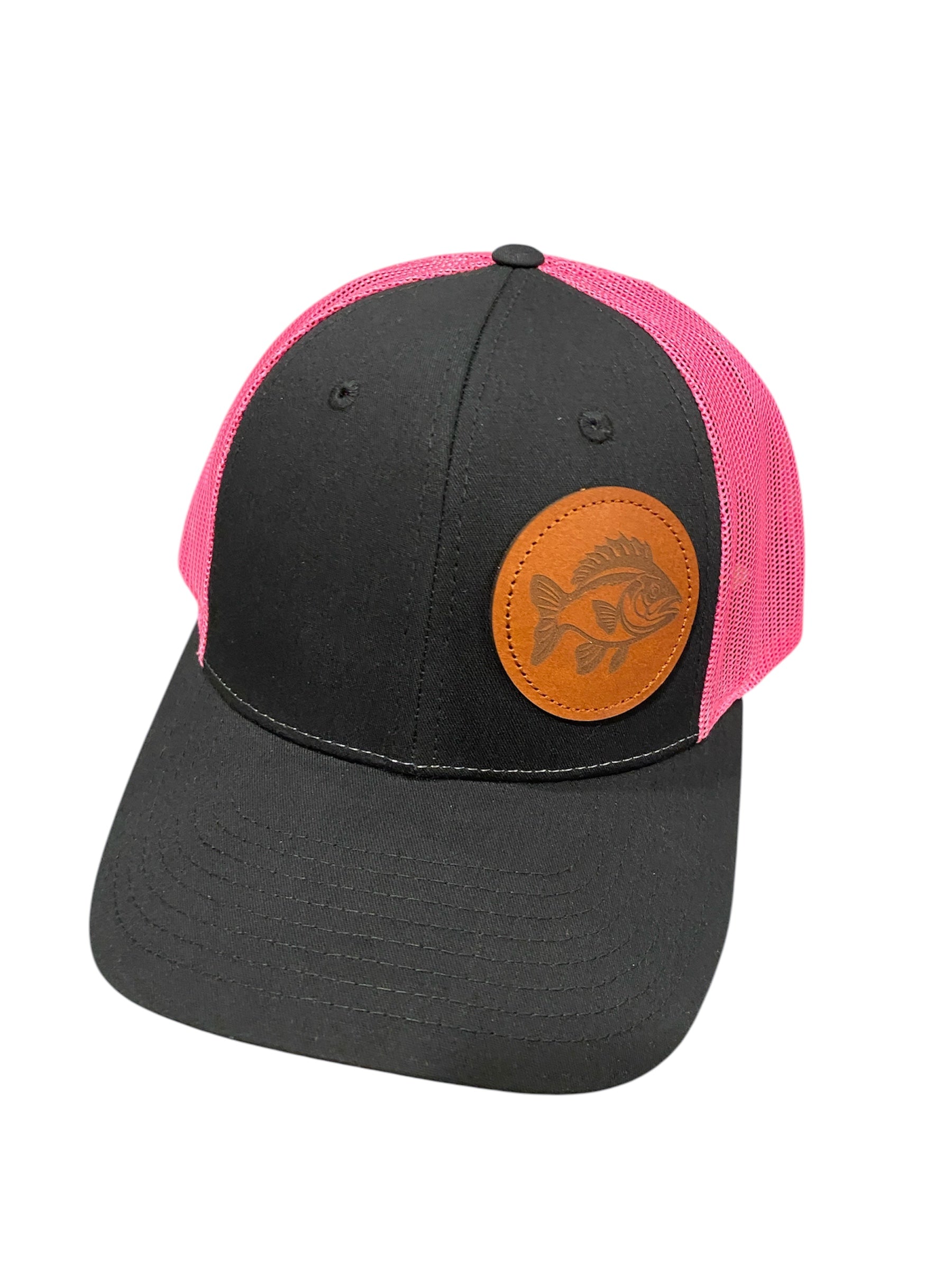 Leather patch Crappie Trucker Hat black/hot pink mesh