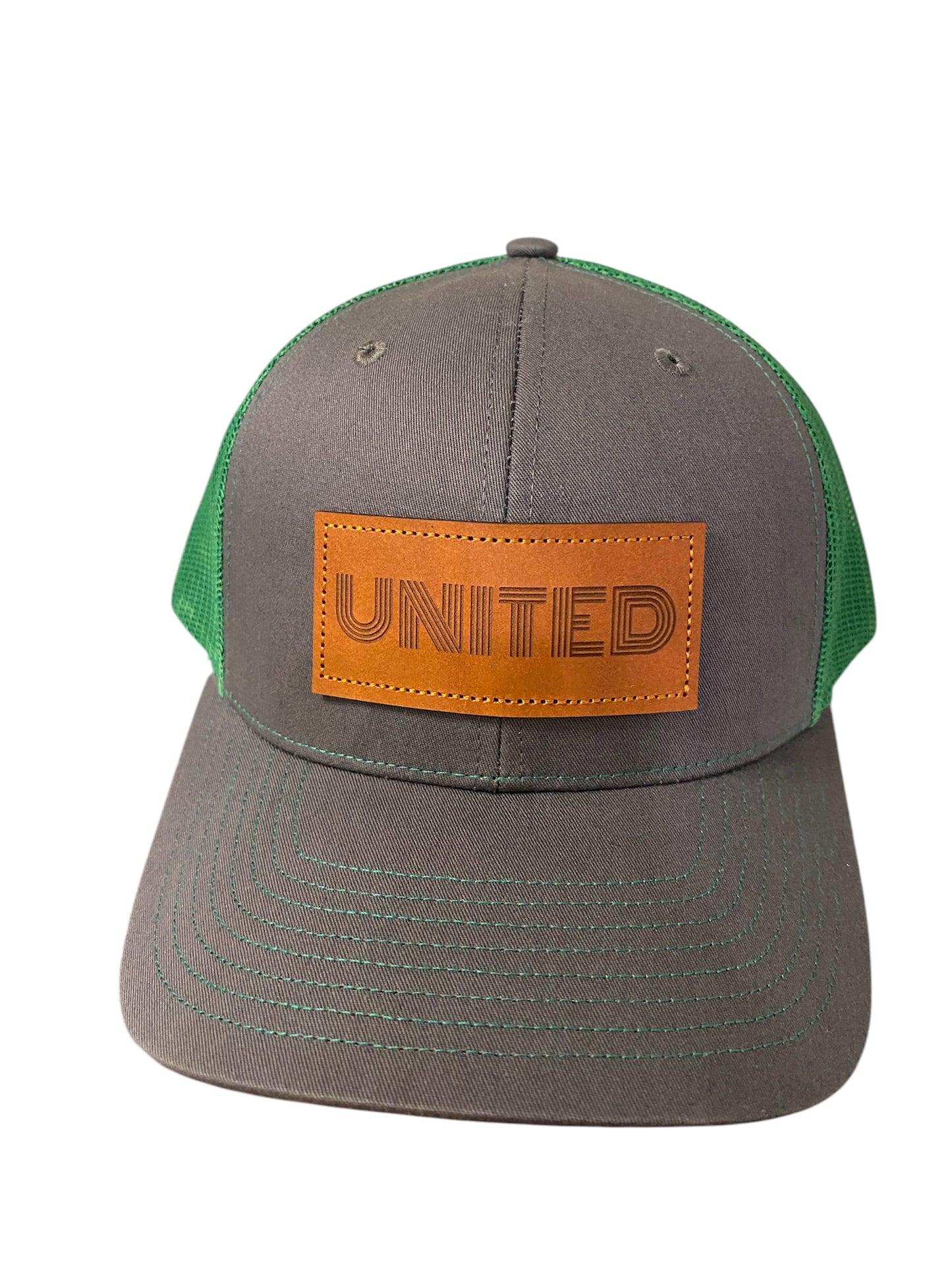 Leather Patch UNITED Trucker Hat in charcoal/green