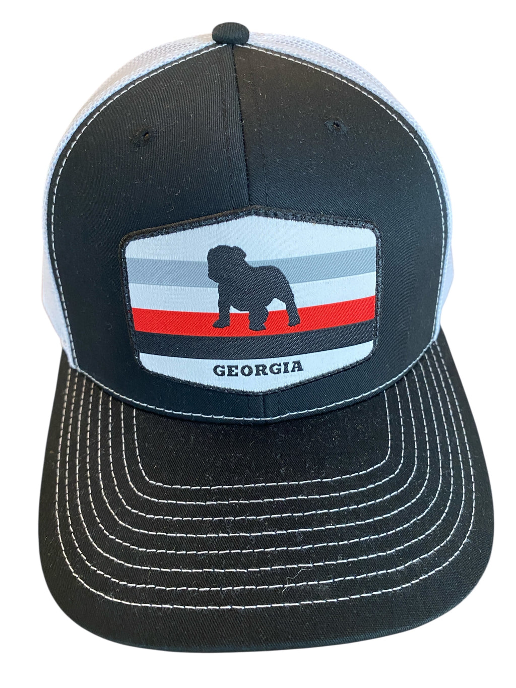 Bulldog Stripes Woven Patch Trucker Hat in black/white mesh