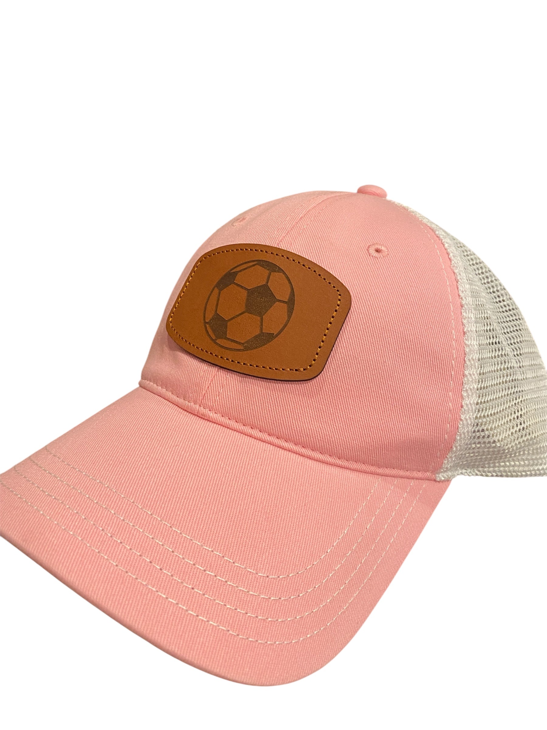 Unstructured leather patch soccer ball hat in pink/white mesh