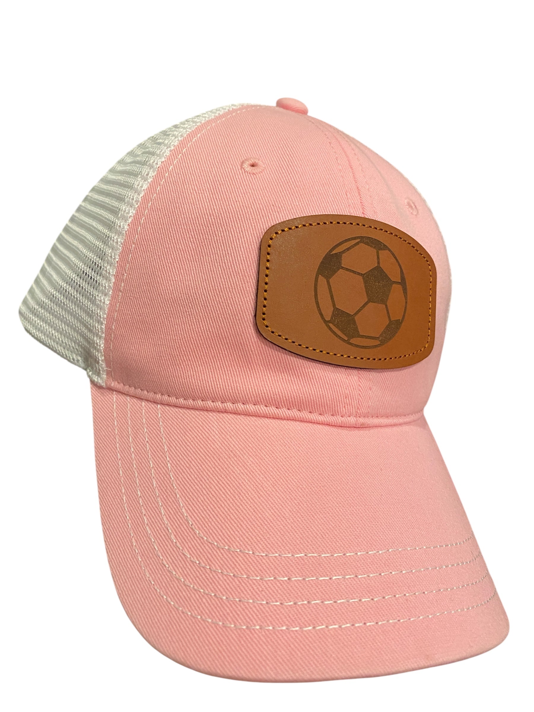 Unstructured leather patch soccer ball hat in pink/white mesh