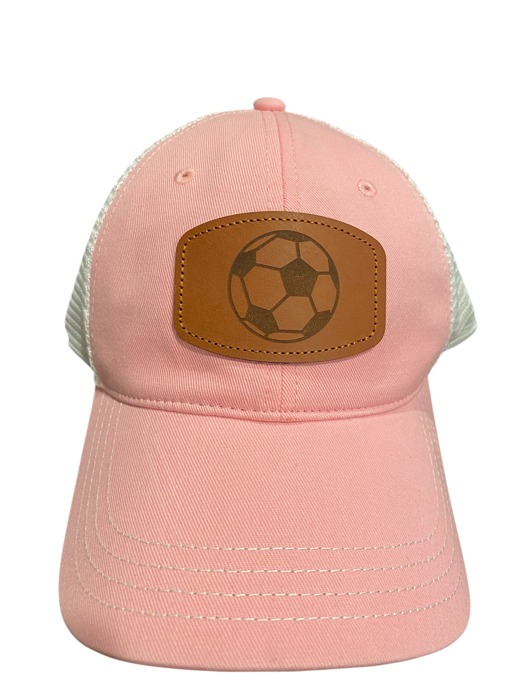 Unstructured leather patch soccer ball hat in pink/white mesh