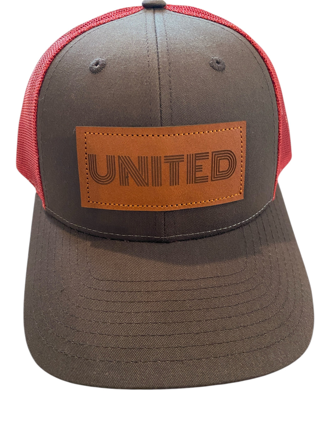 Low Profile Leather Patch UNITED Trucker Hat in charcoal/red mesh