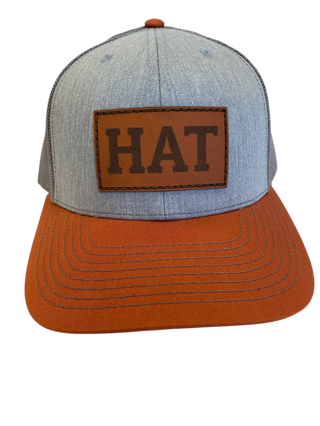 Leather Patch Trucker HAT in heather gray/dark orange