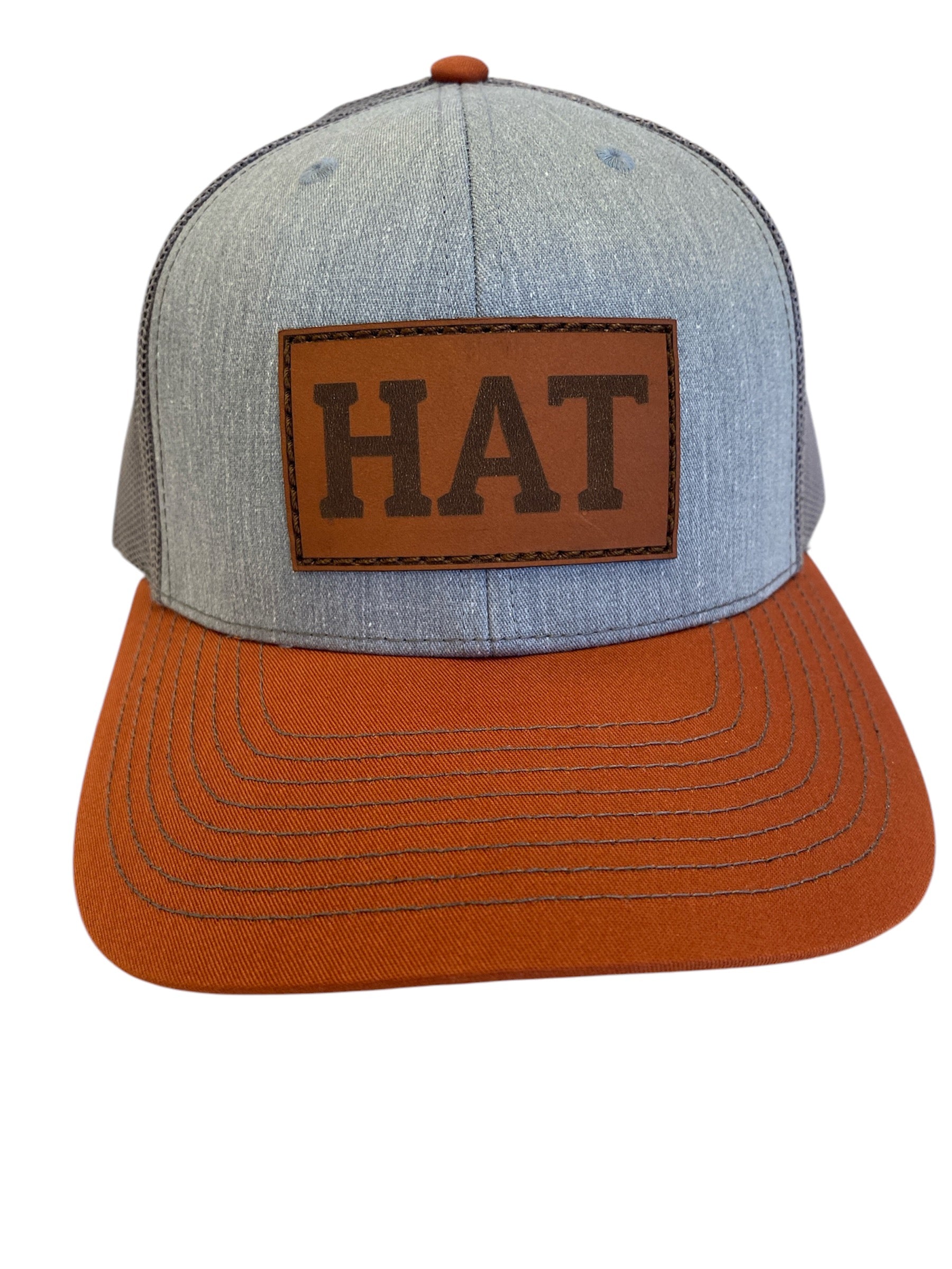 Leather Patch Trucker HAT in heather gray/dark orange