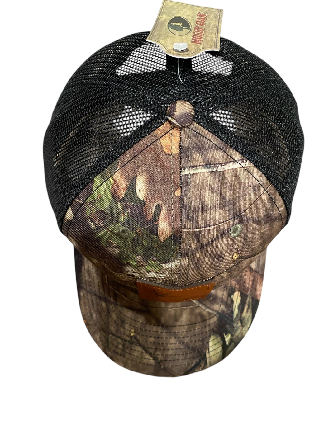 Leather Patch Turkey Tracks Trucker Hat in Mossy Oak Camo