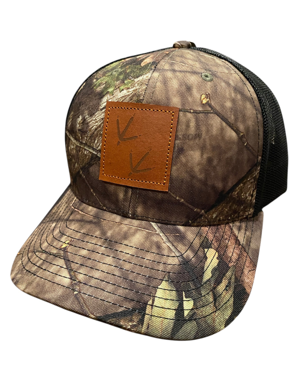 Leather Patch Turkey Tracks Trucker Hat in Mossy Oak Camo