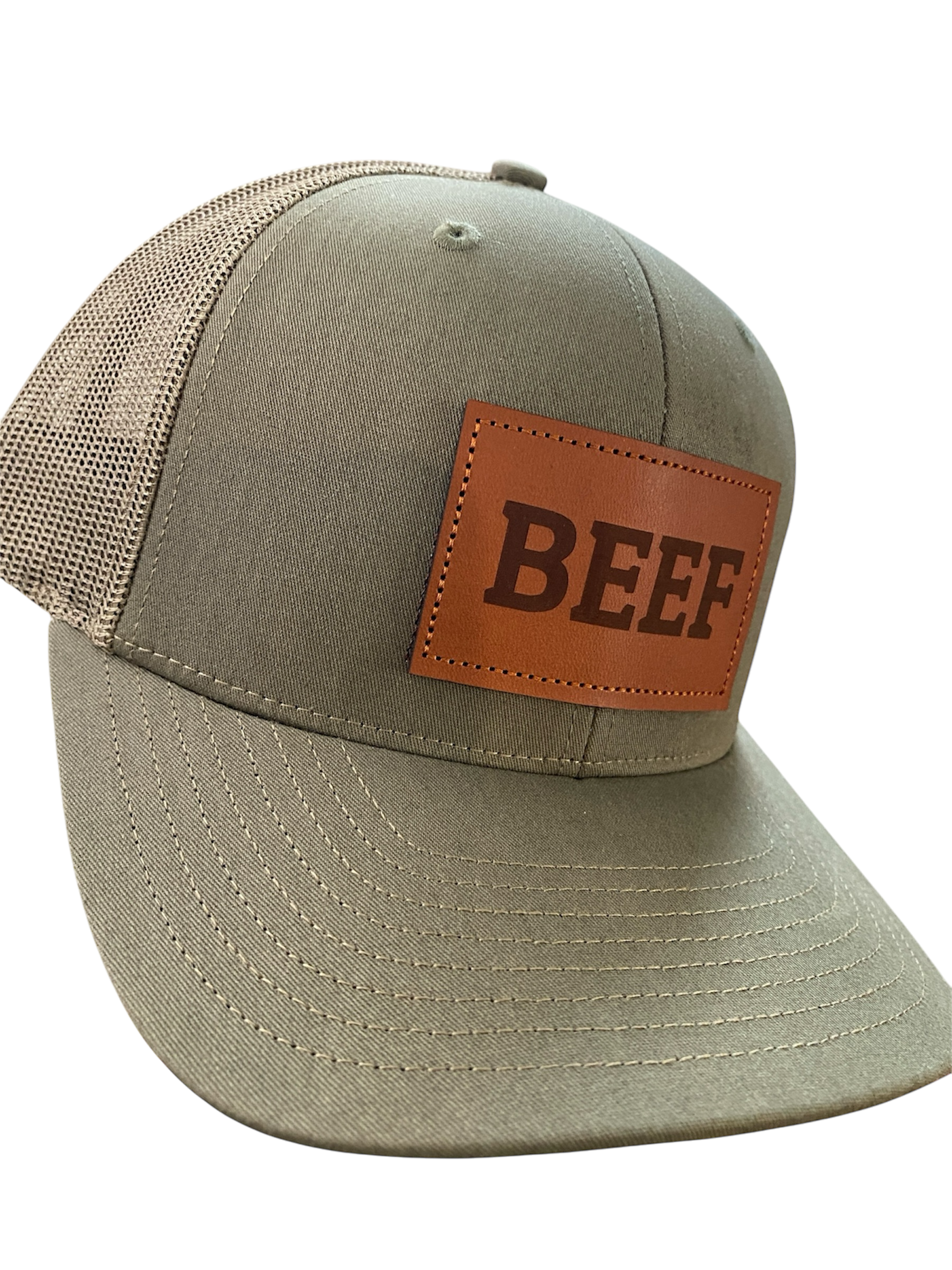 Leather Patch BEEF Trucker Hat in loden green
