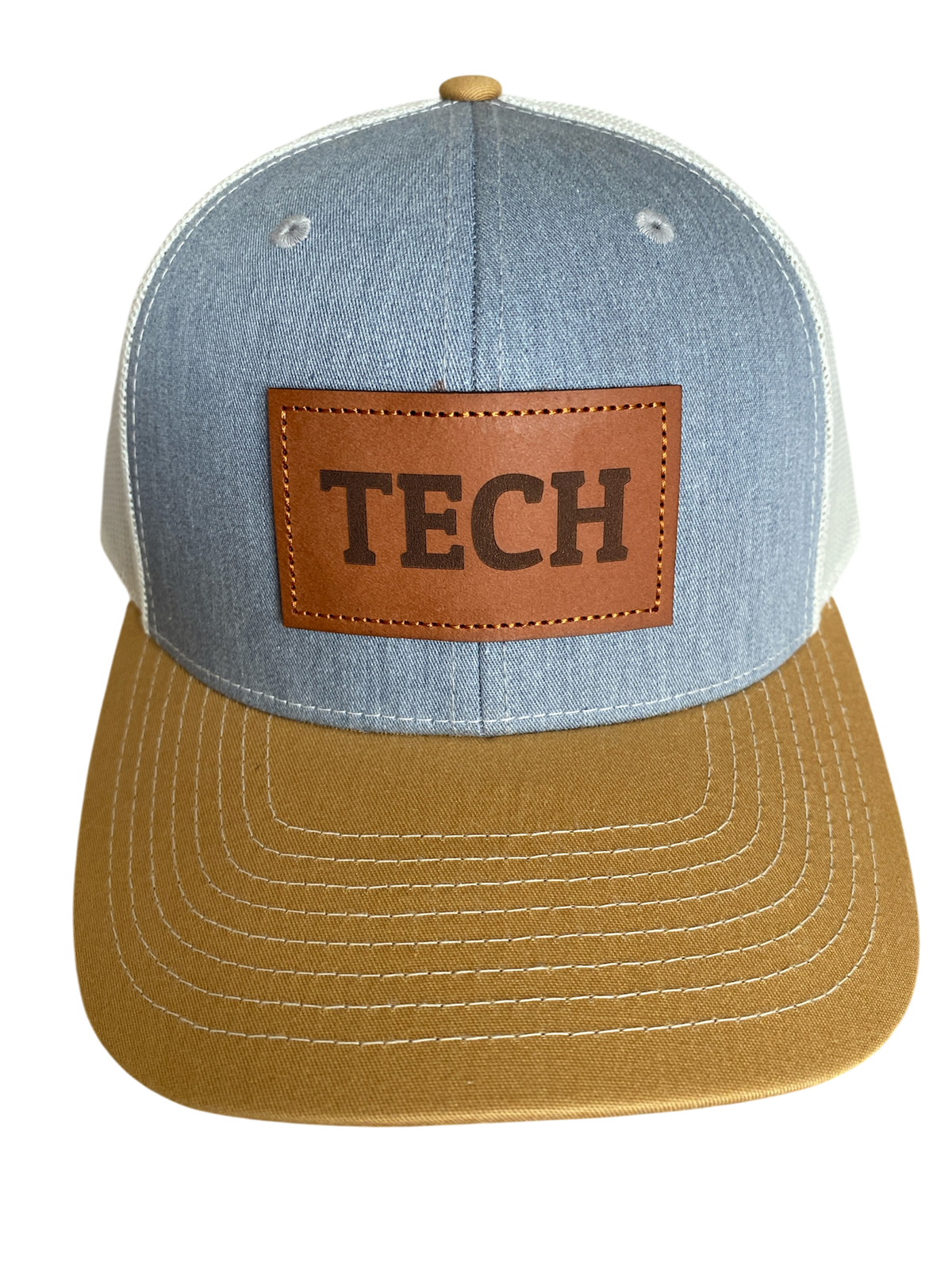 Leather Patch TECH Trucker Hat in gold/heather gray/cream